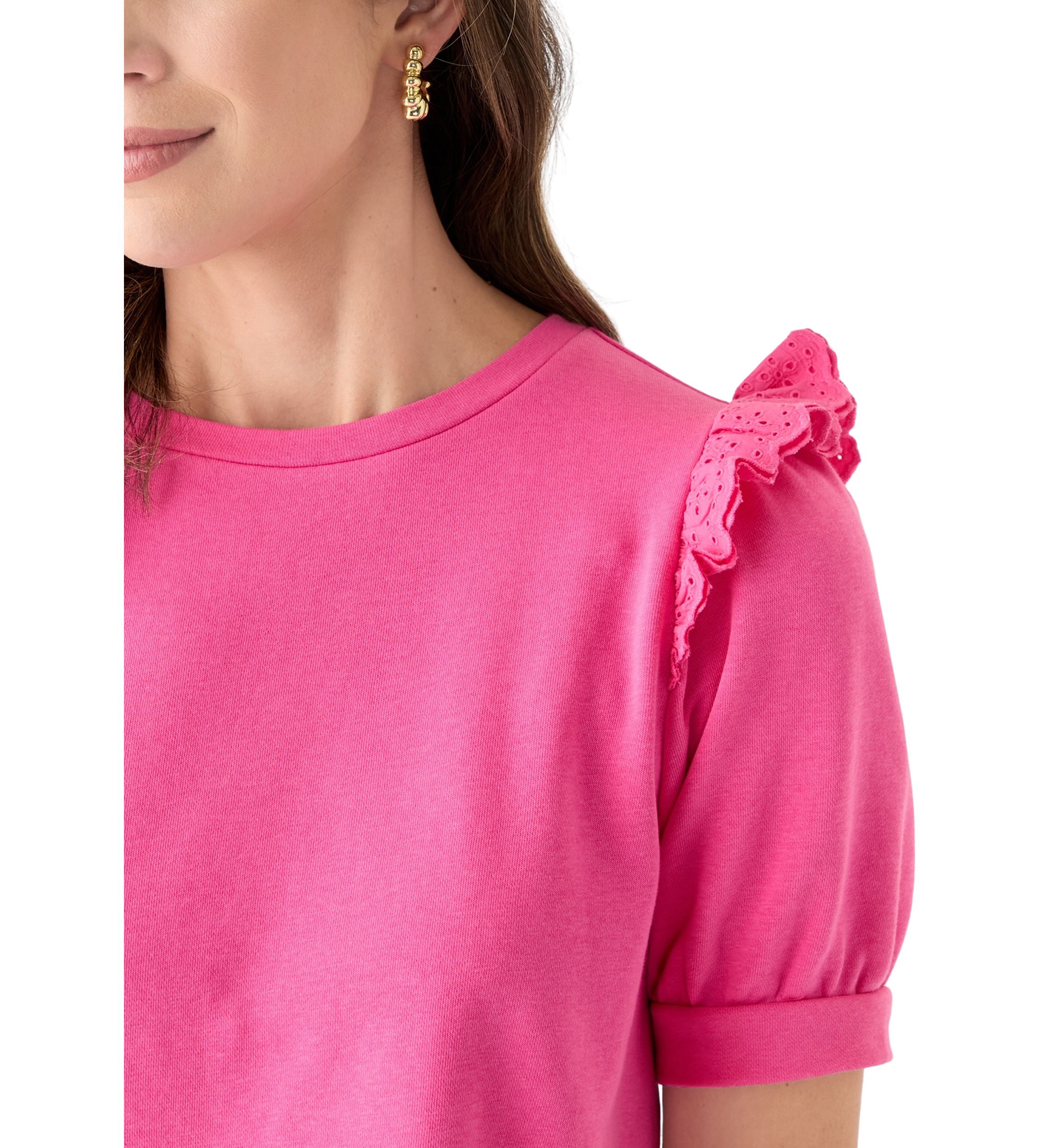 Womens Short Sleeve Eyelet Ruffle Sweatshirt 