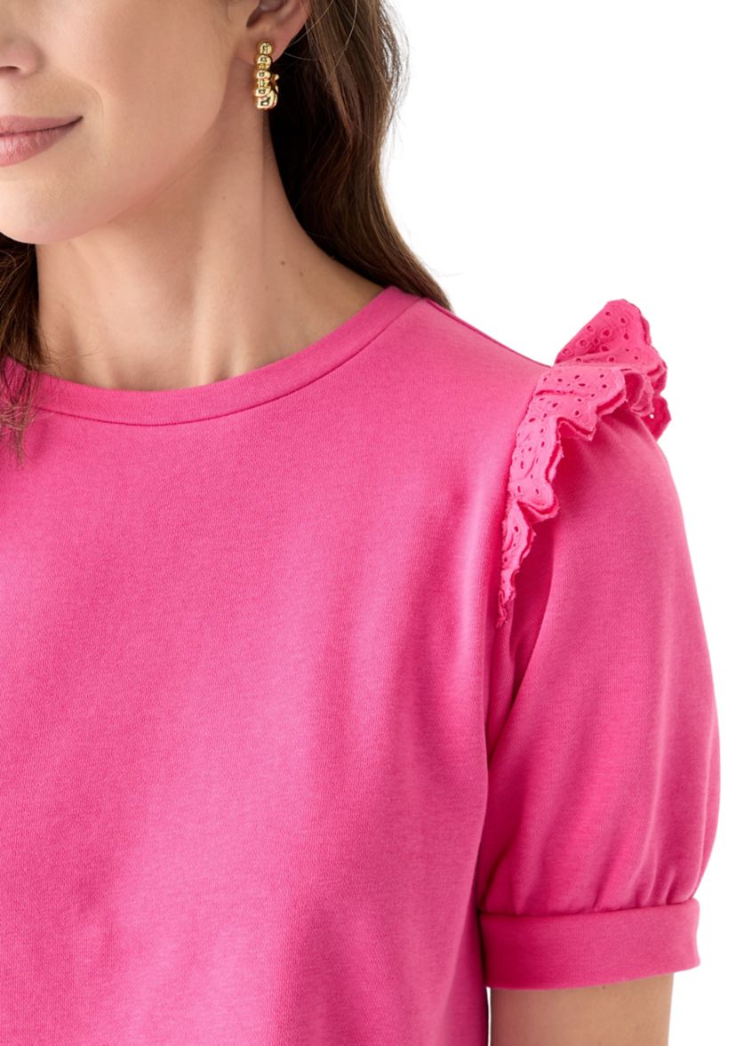 Womens Short Sleeve Eyelet Ruffle Sweatshirt 