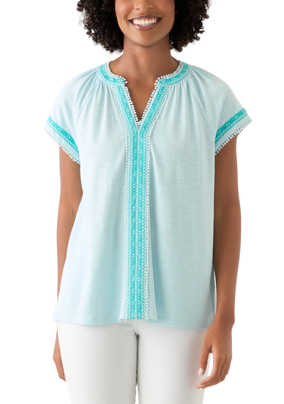 Womens Short Sleeve Trim Peasant Top