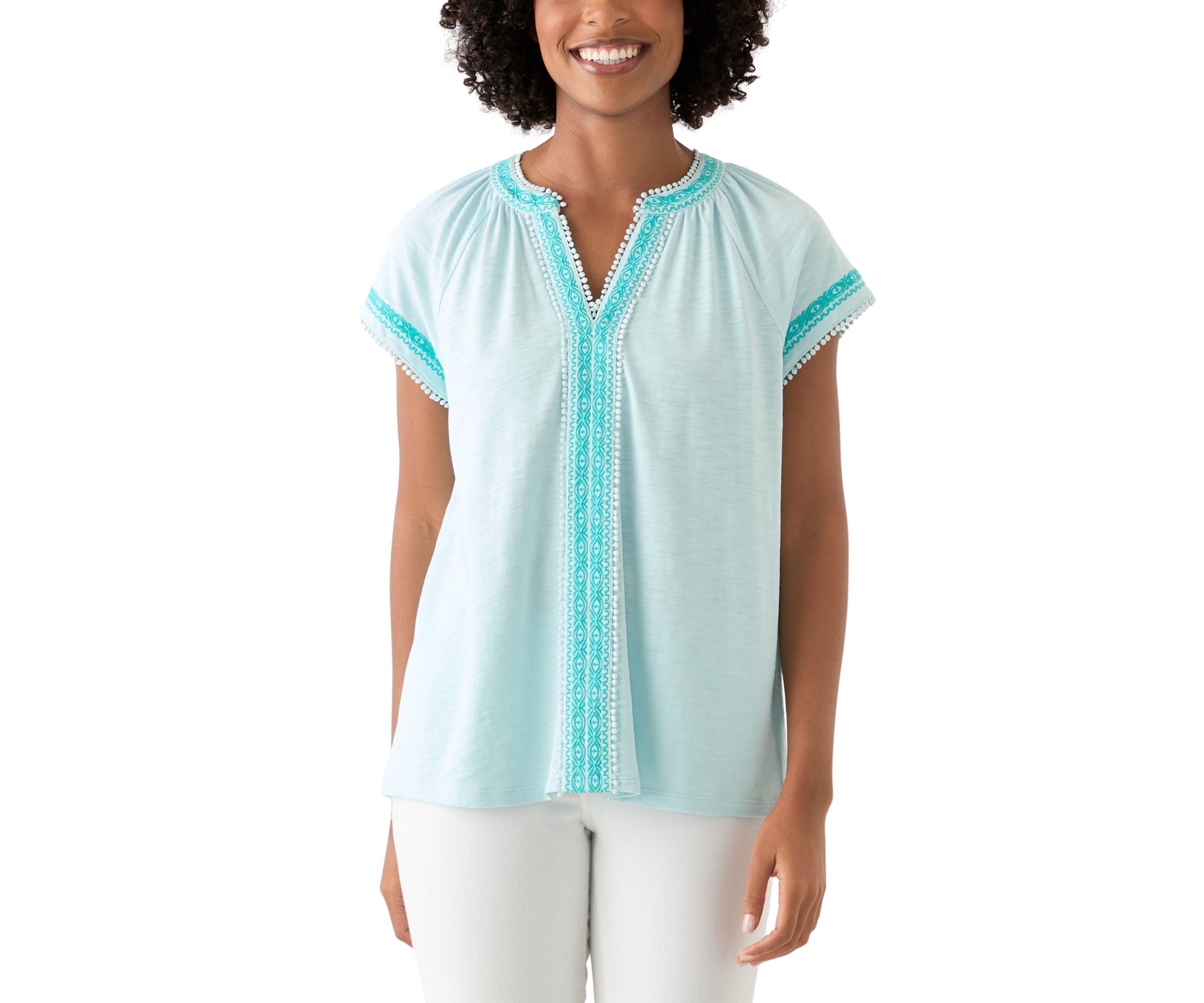 Womens Short Sleeve Trim Peasant Top