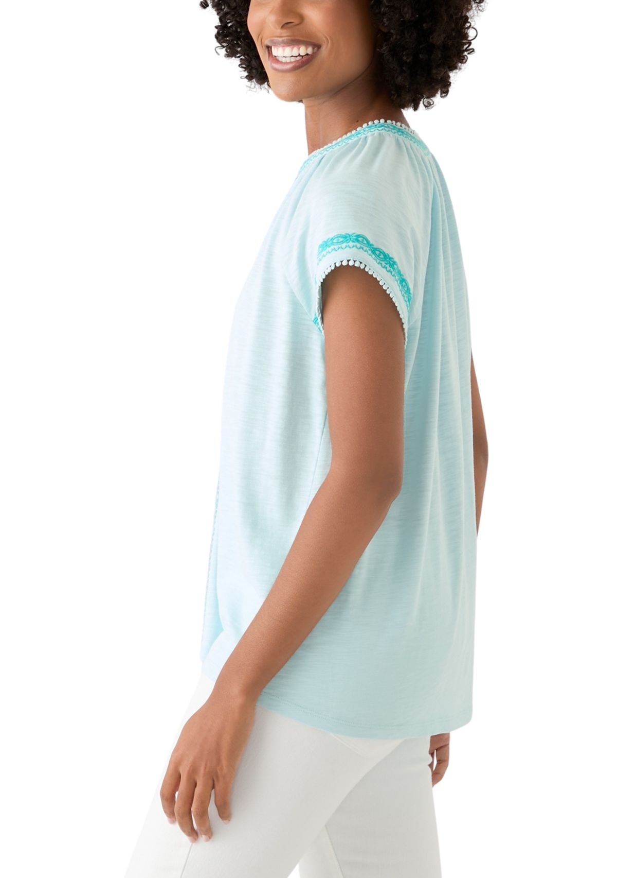 Womens Short Sleeve Trim Peasant Top