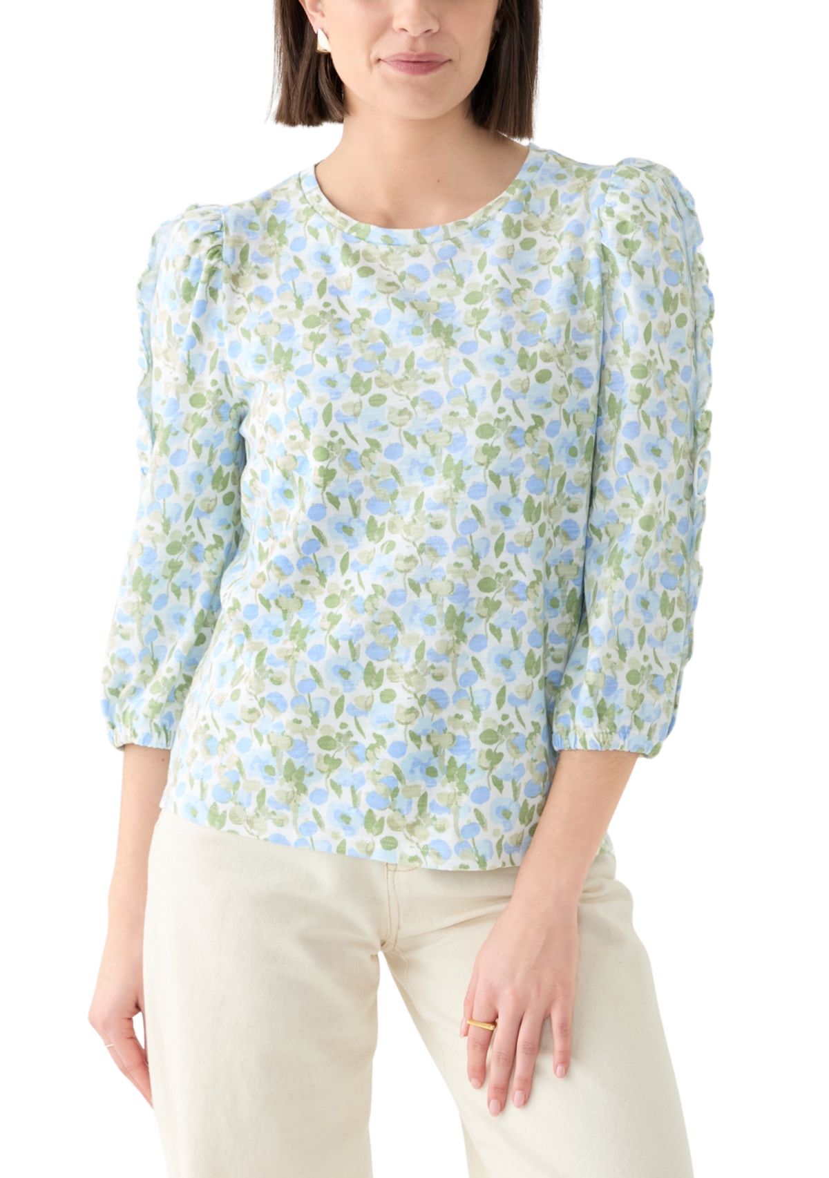 Womens Ruched Sleeve Puff Shoulder Printed Top