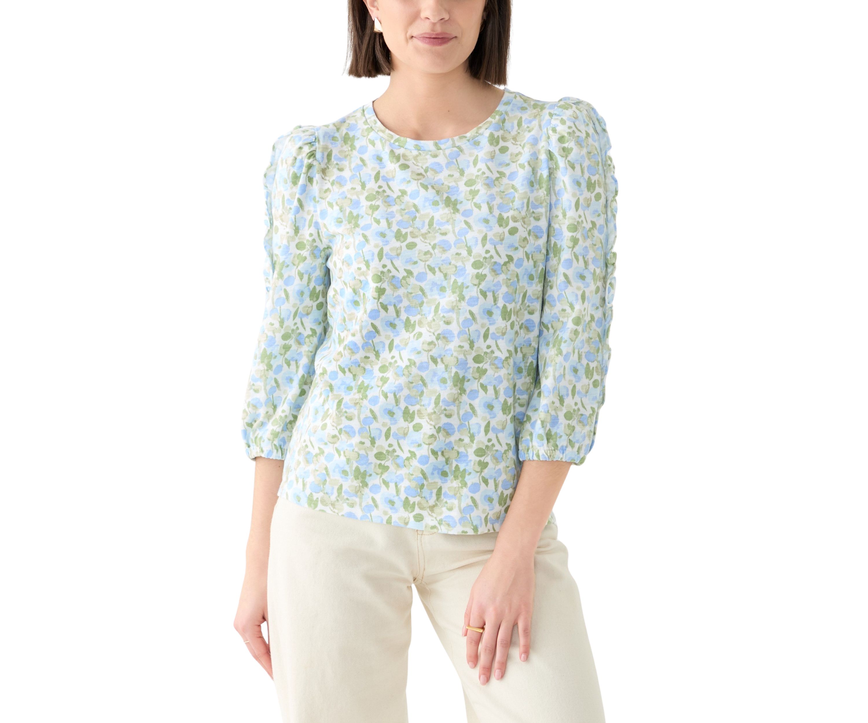 Womens Ruched Sleeve Puff Shoulder Printed Top