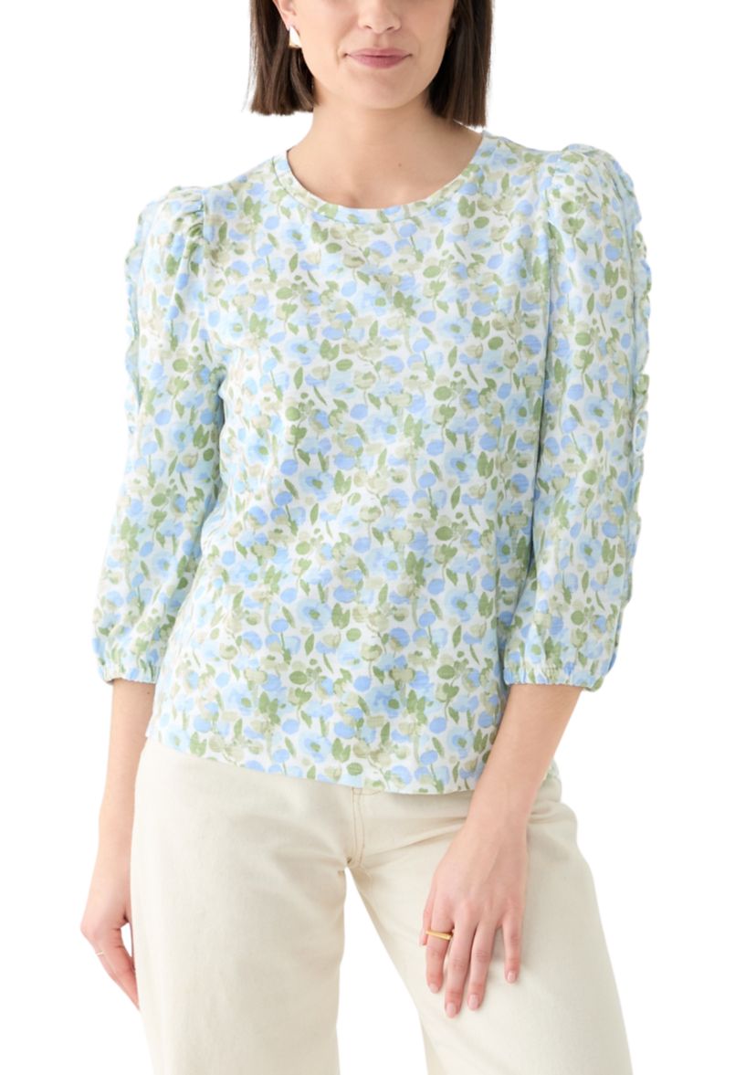 Womens Ruched Sleeve Puff Shoulder Printed Top