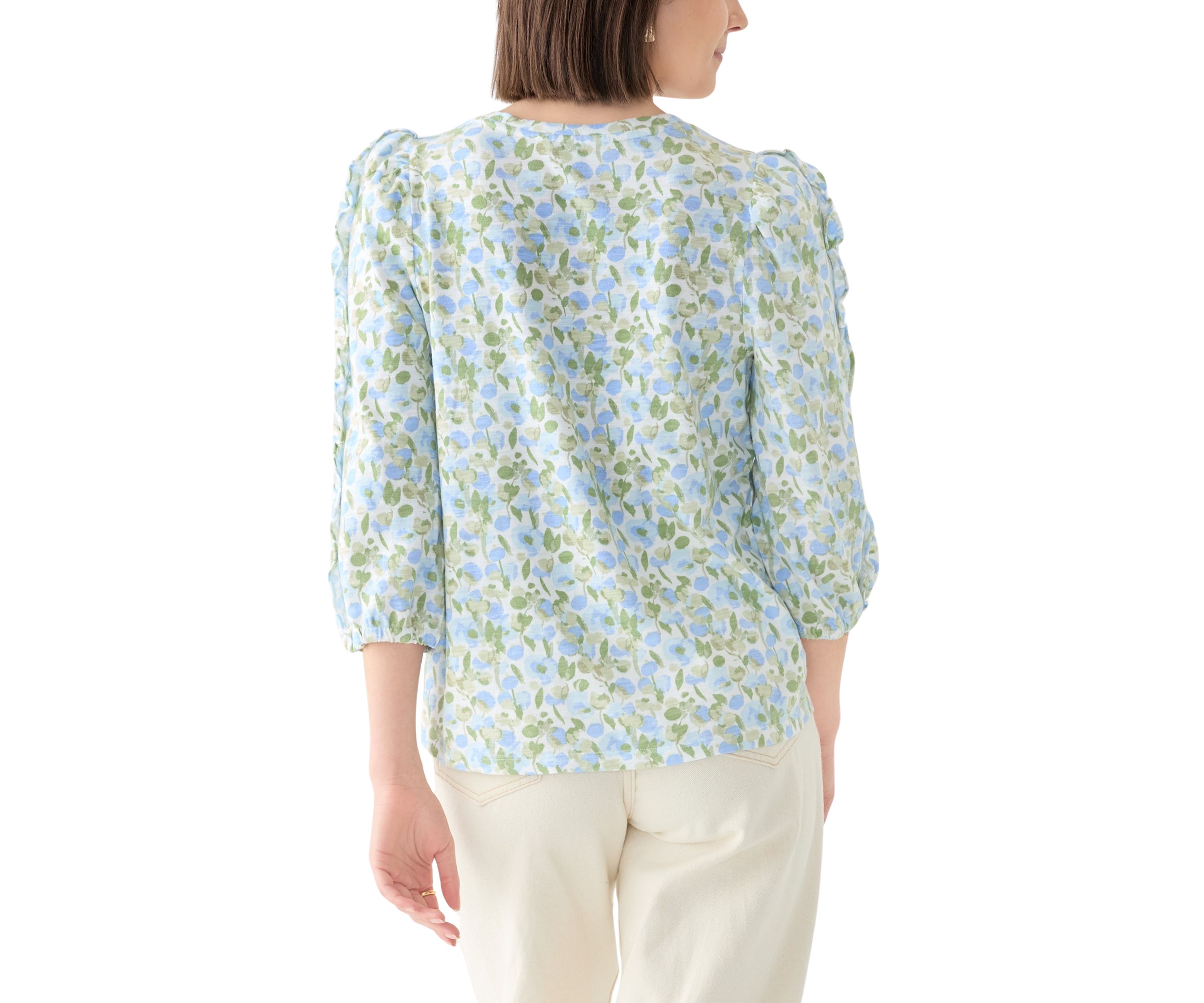 Womens Ruched Sleeve Puff Shoulder Printed Top