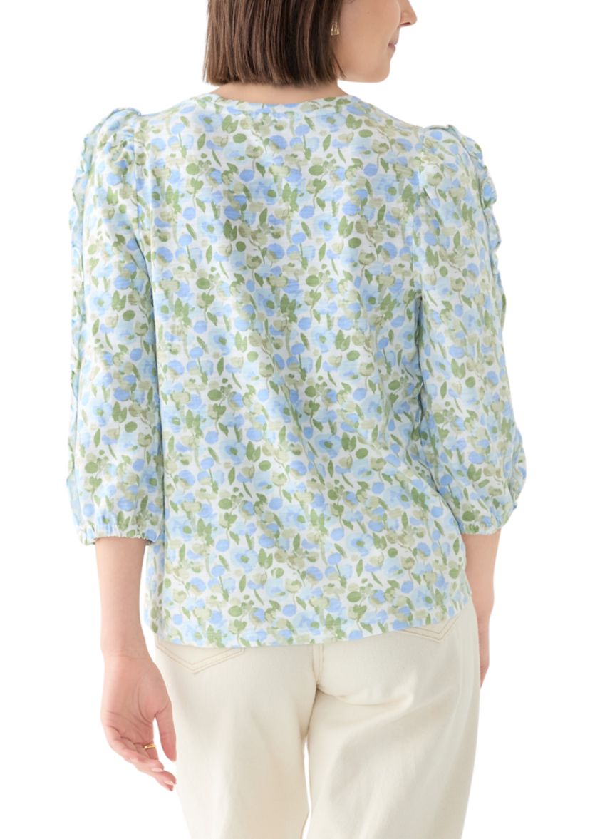 Womens Ruched Sleeve Puff Shoulder Printed Top