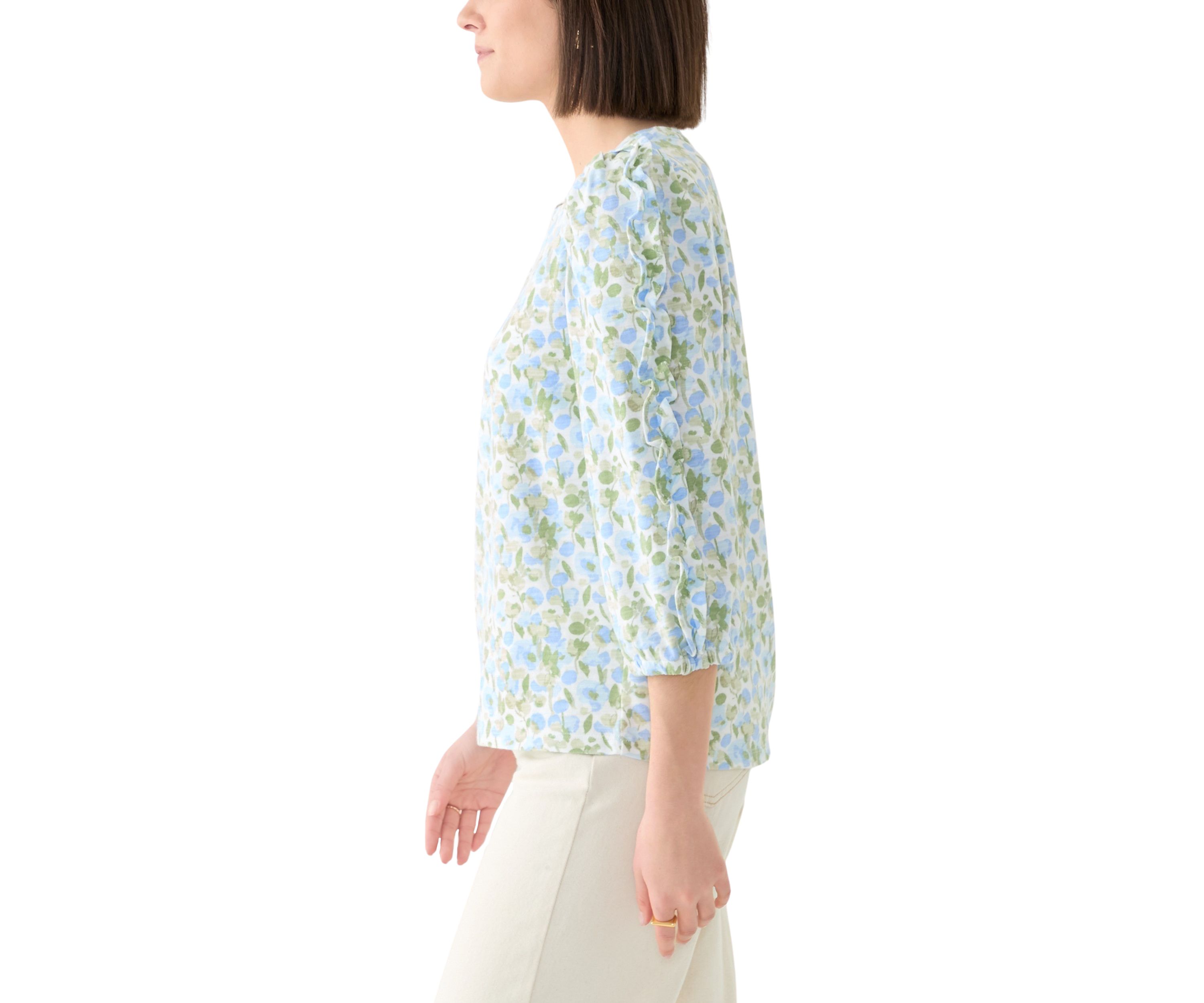 Womens Ruched Sleeve Puff Shoulder Printed Top