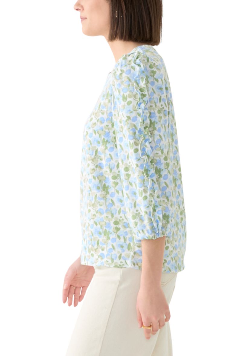 Womens Ruched Sleeve Puff Shoulder Printed Top