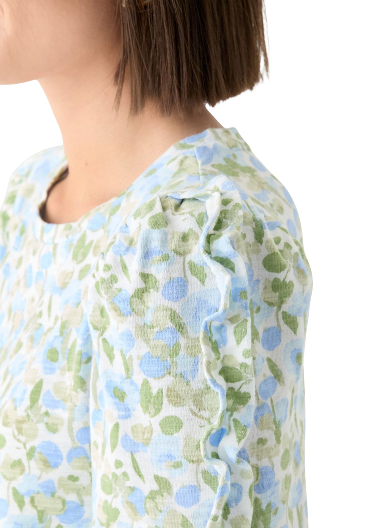 Womens Ruched Sleeve Puff Shoulder Printed Top