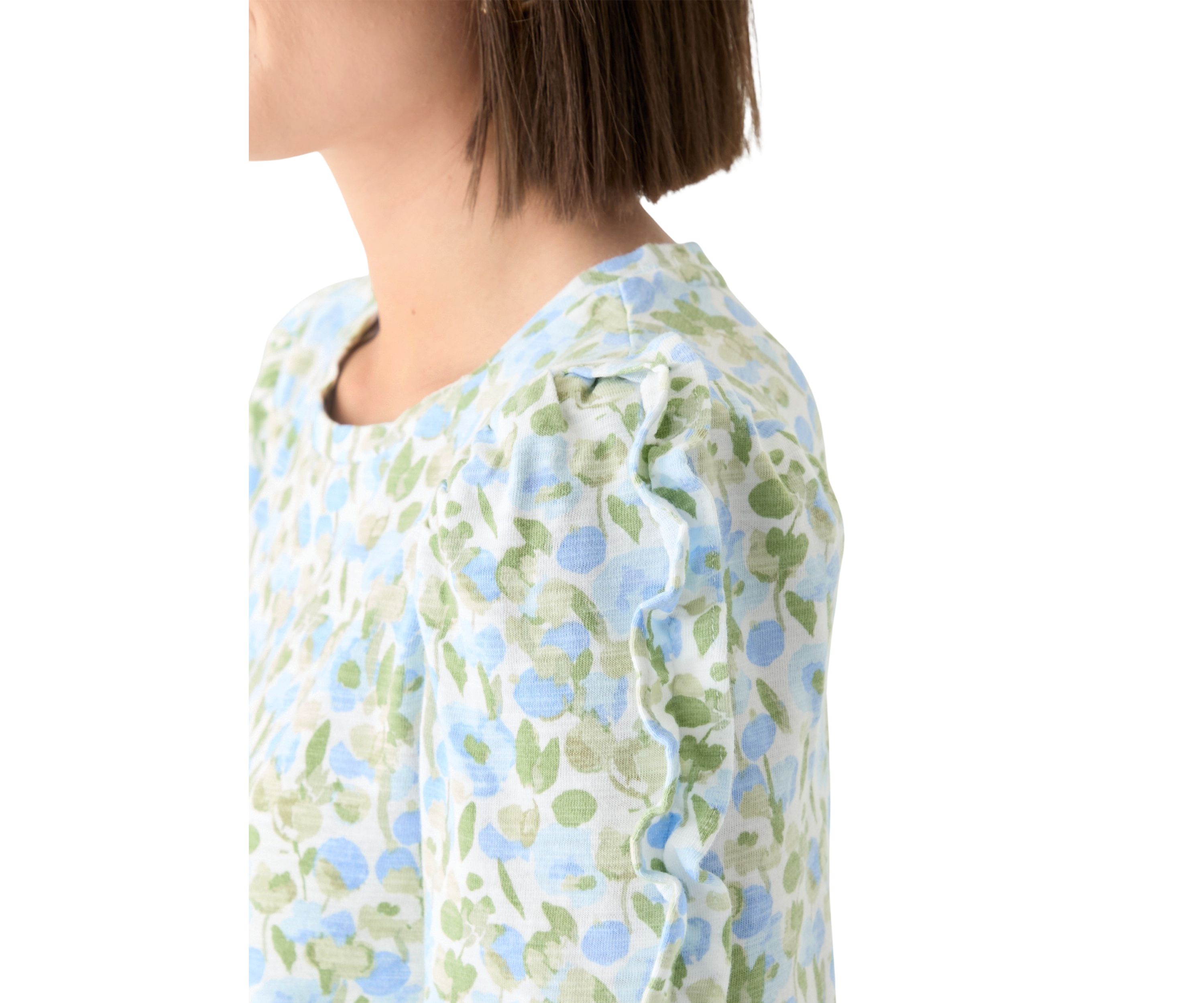 Womens Ruched Sleeve Puff Shoulder Printed Top