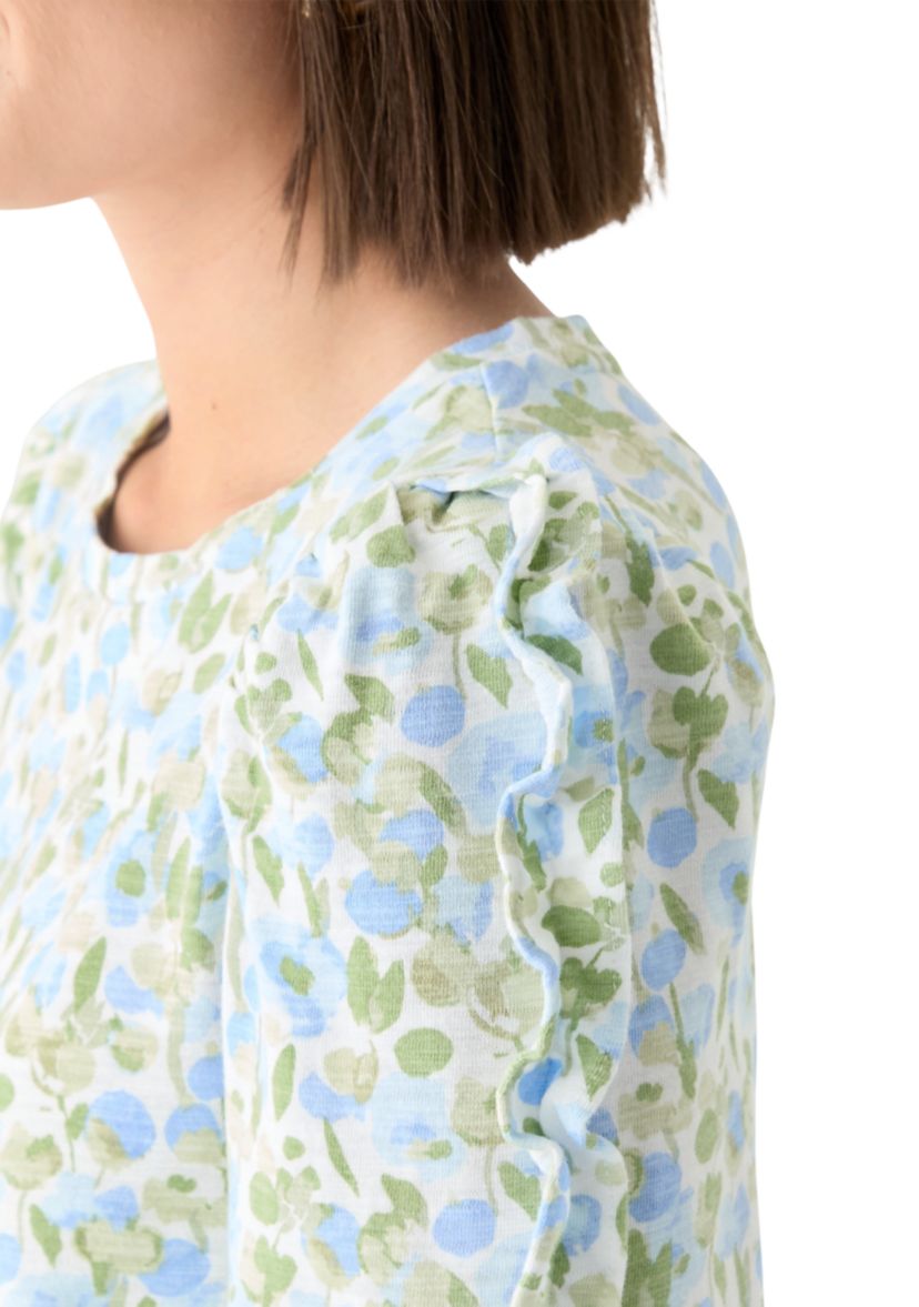 Womens Ruched Sleeve Puff Shoulder Printed Top