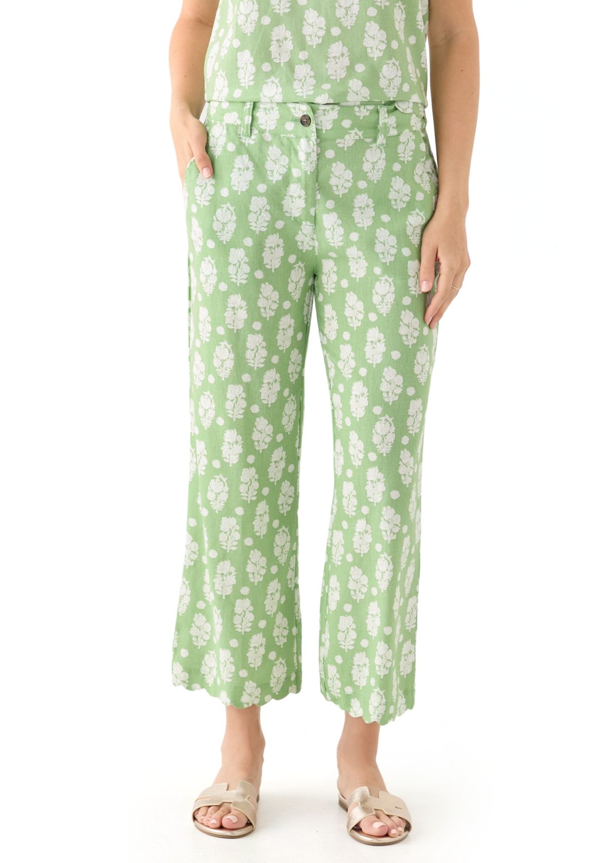 Womens Linen Scallop Printed Pants