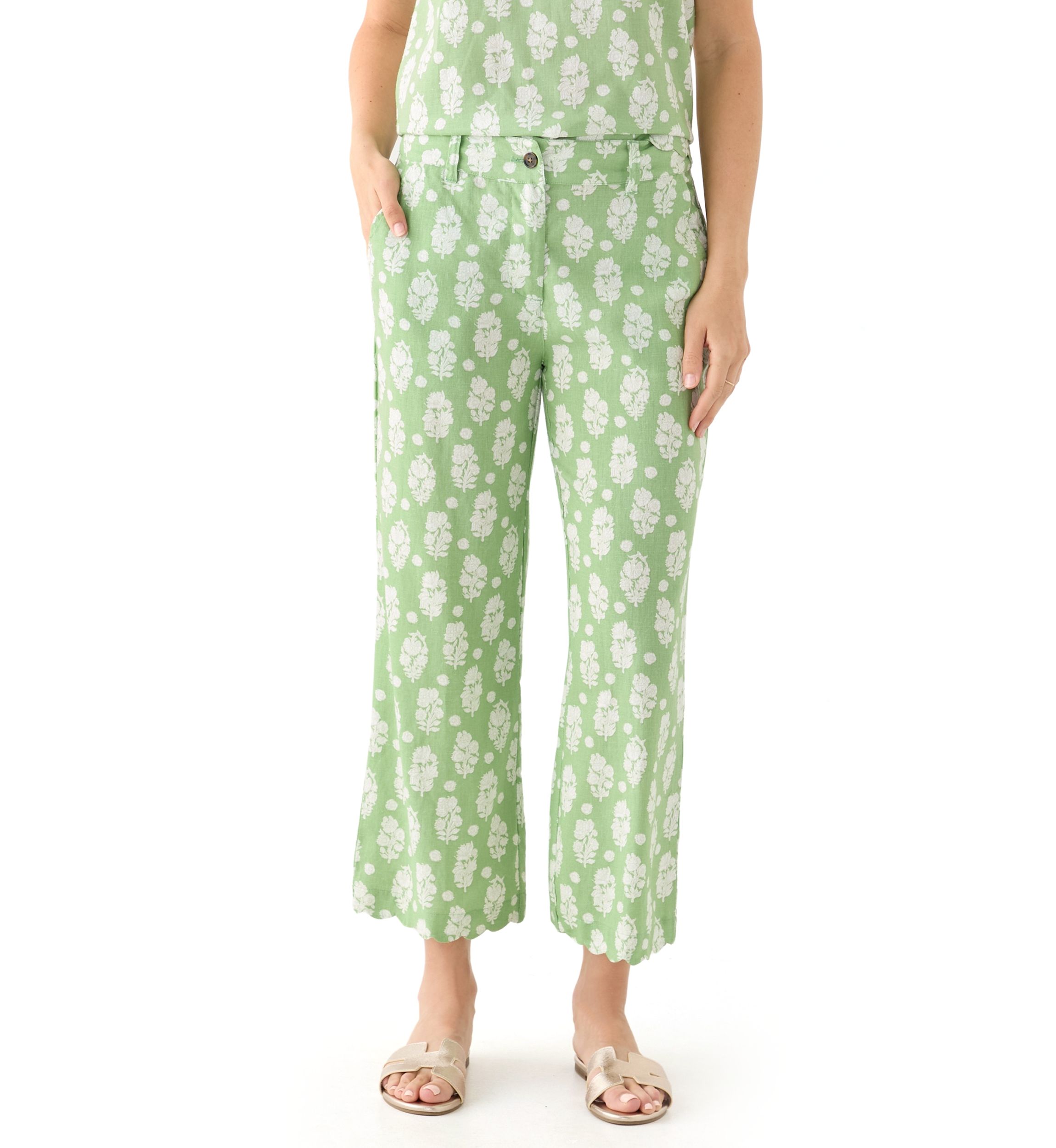Womens Linen Scallop Printed Pants