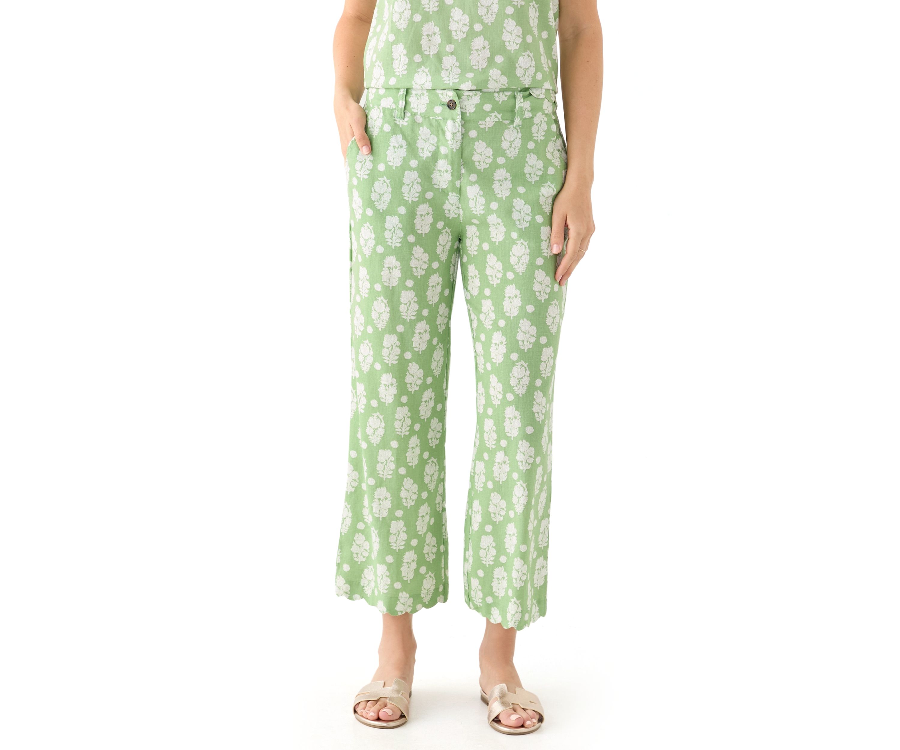 Womens Linen Scallop Printed Pants