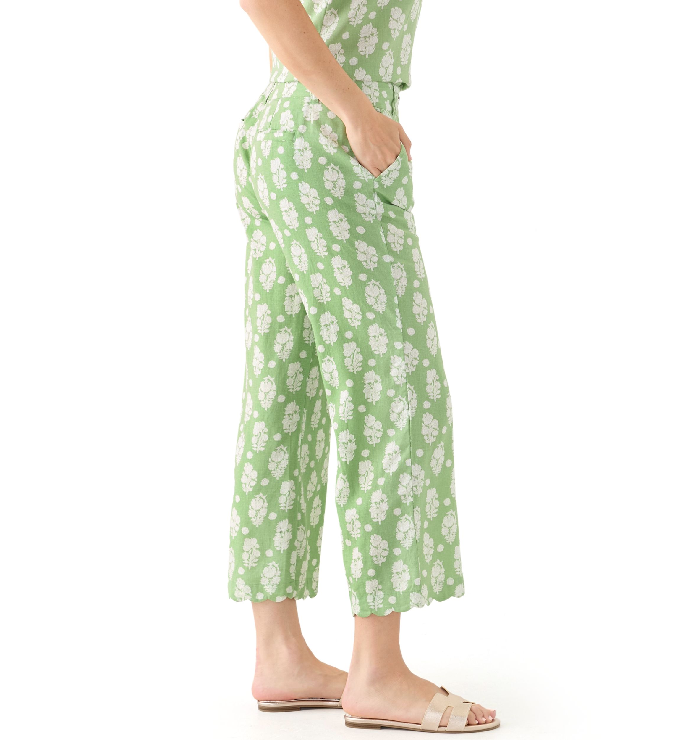 Womens Linen Scallop Printed Pants