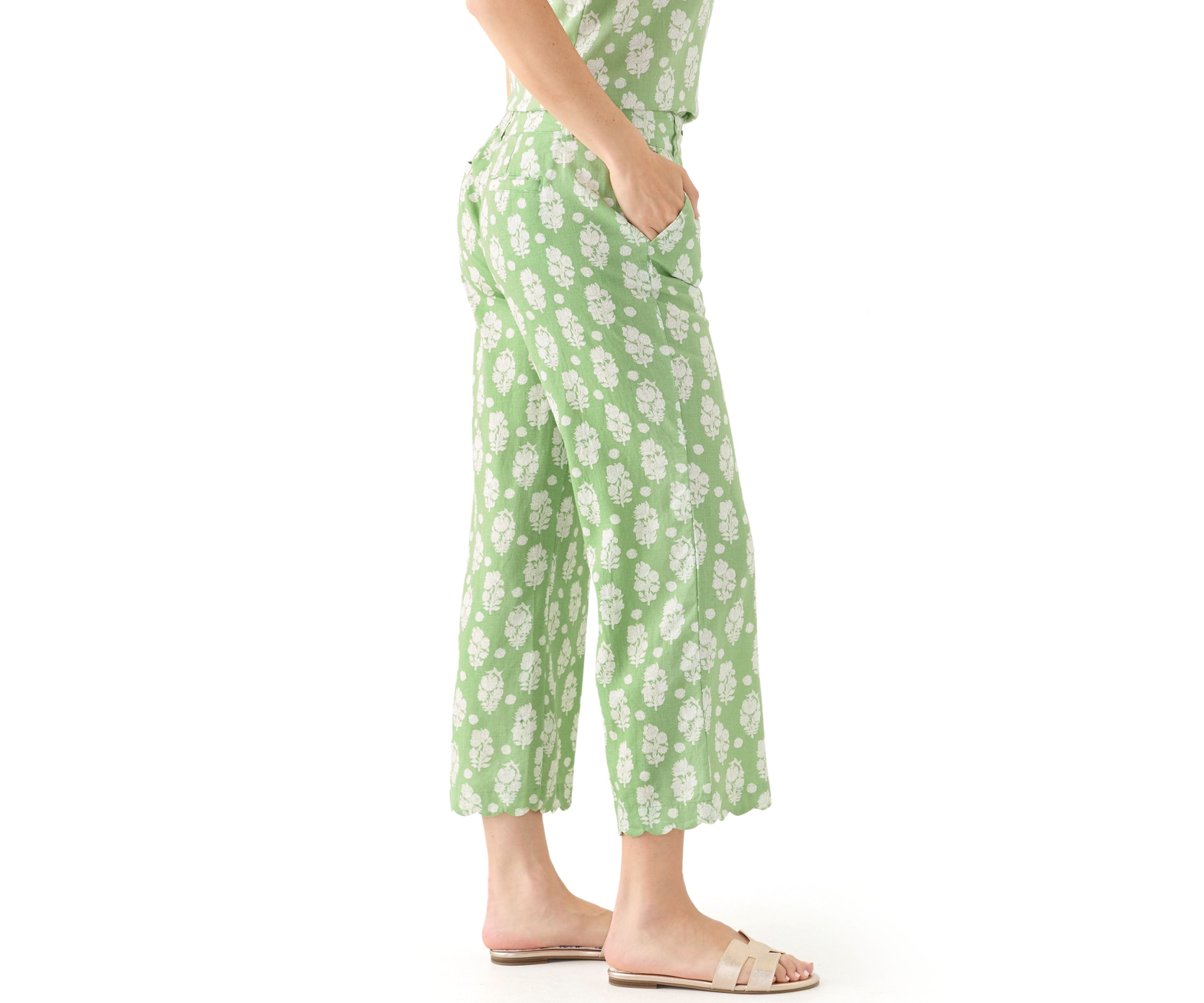 Womens Linen Scallop Printed Pants