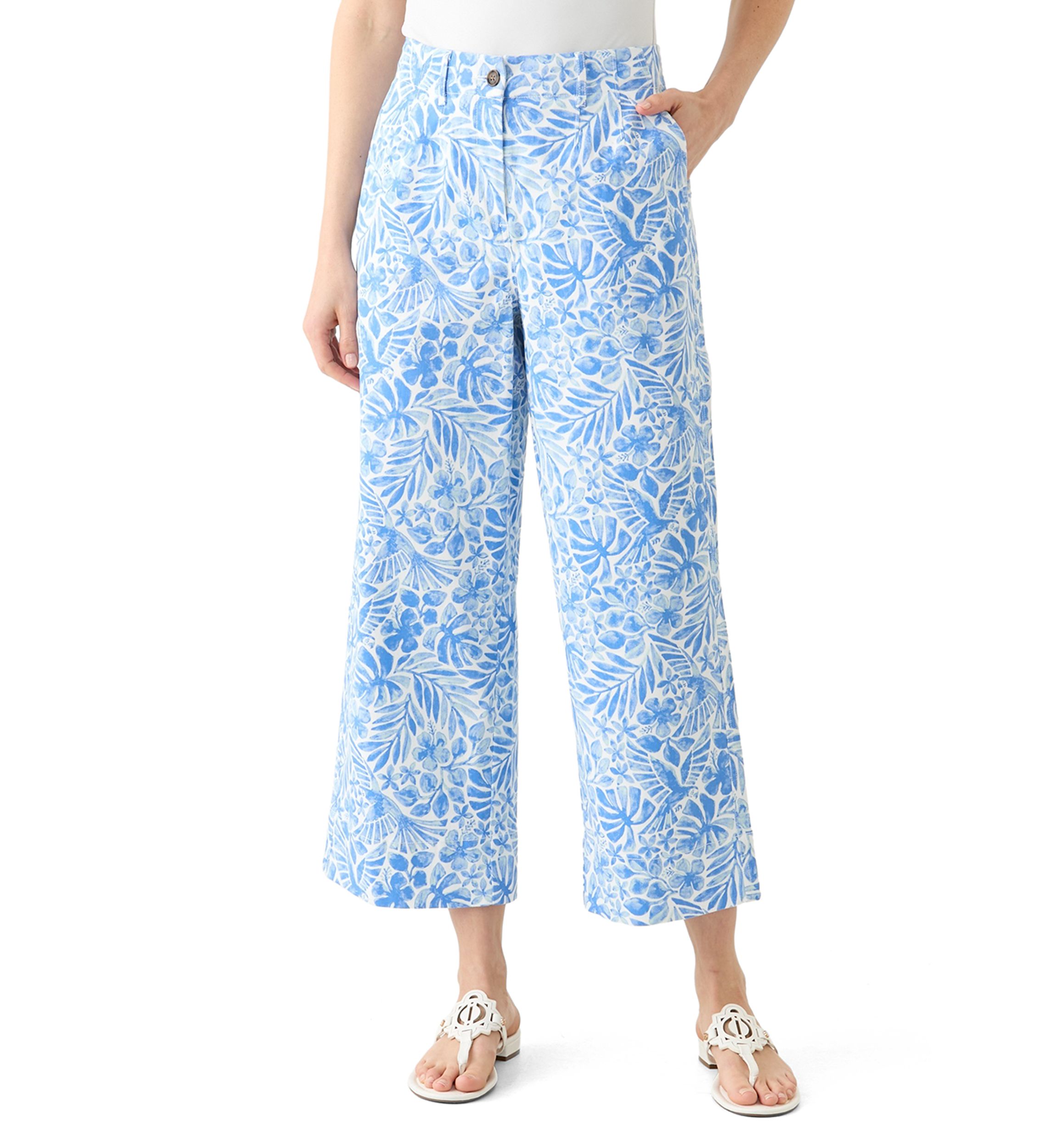 Womens Wide Leg Cropped Printed Chino Pants