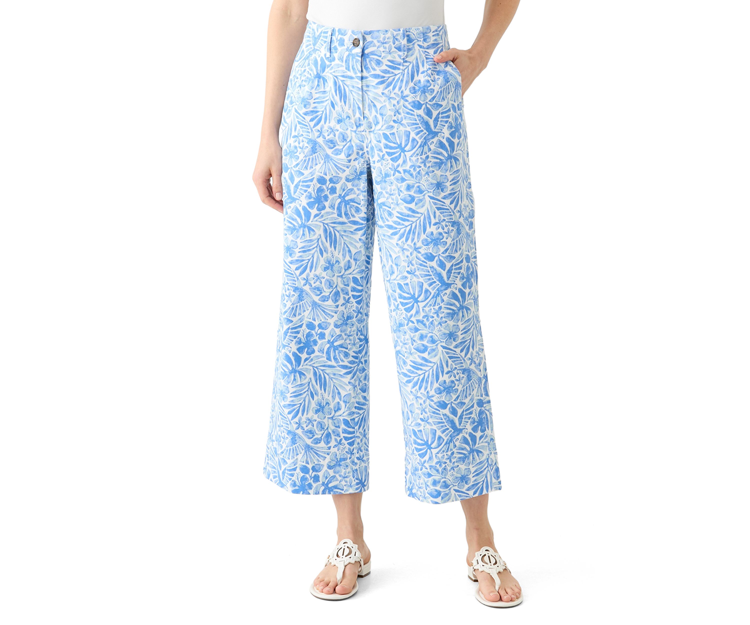 Womens Wide Leg Cropped Printed Chino Pants