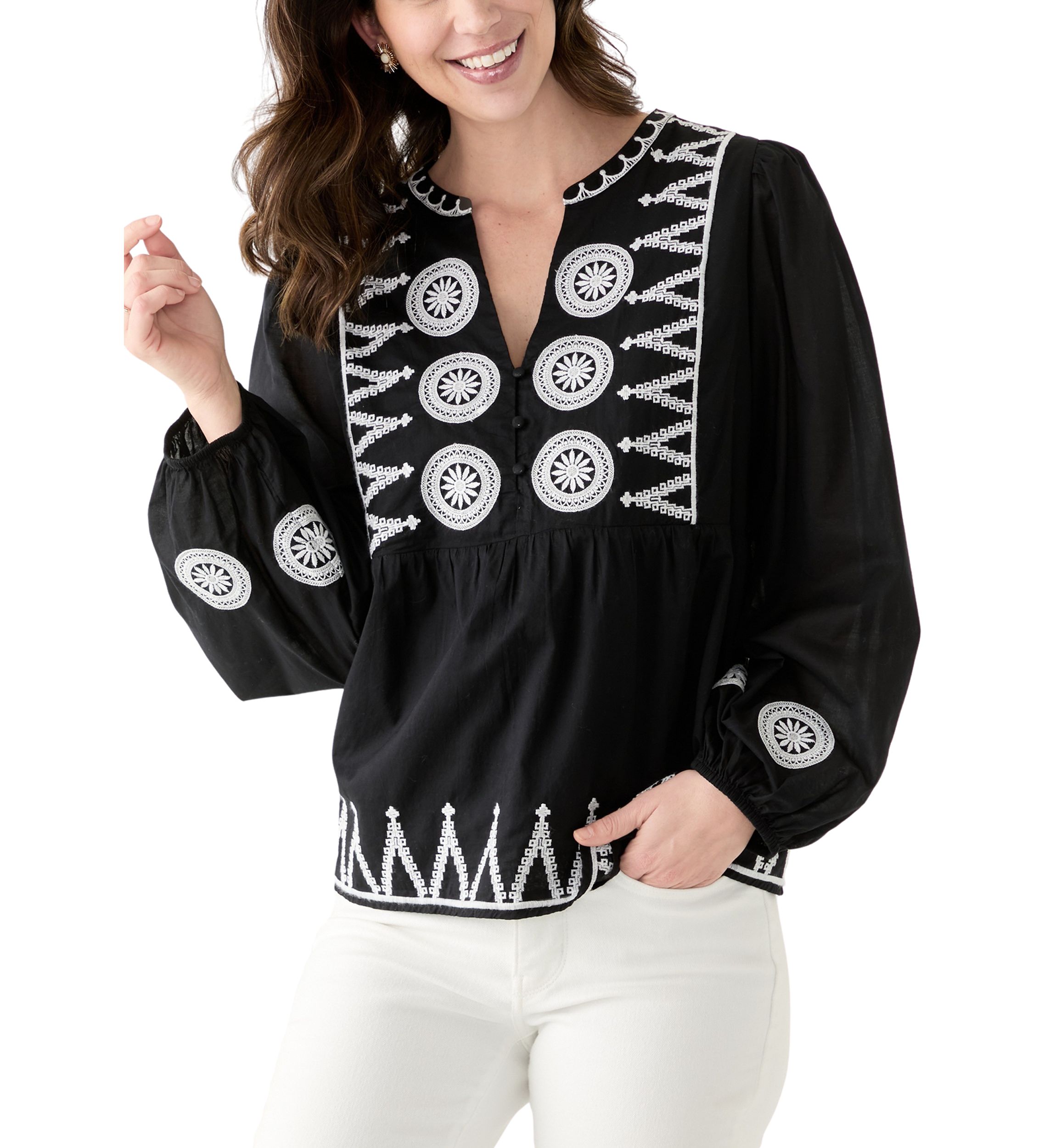 Womens Long Sleeve Embroidered Peasant Blouse