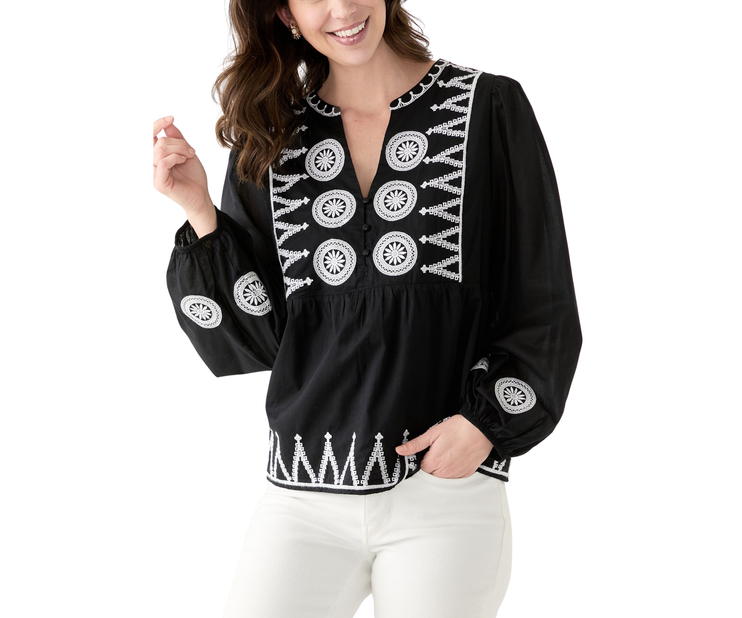Womens Long Sleeve Embroidered Peasant Blouse