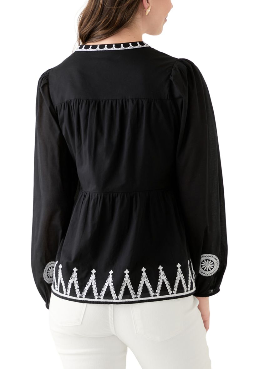Womens Long Sleeve Embroidered Peasant Blouse