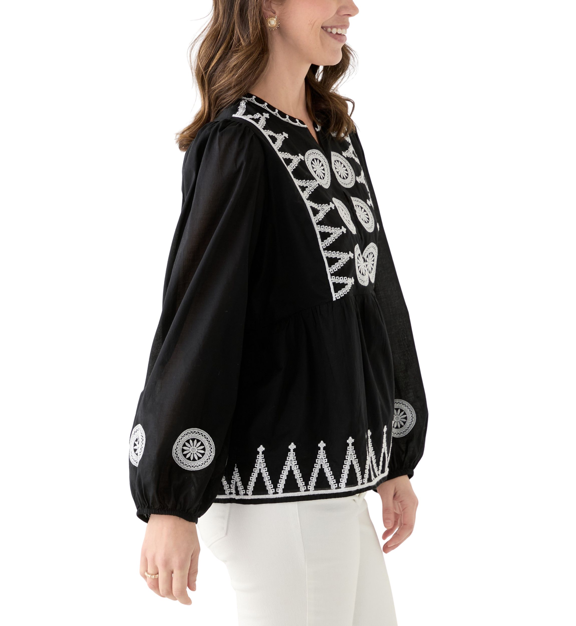 Womens Long Sleeve Embroidered Peasant Blouse