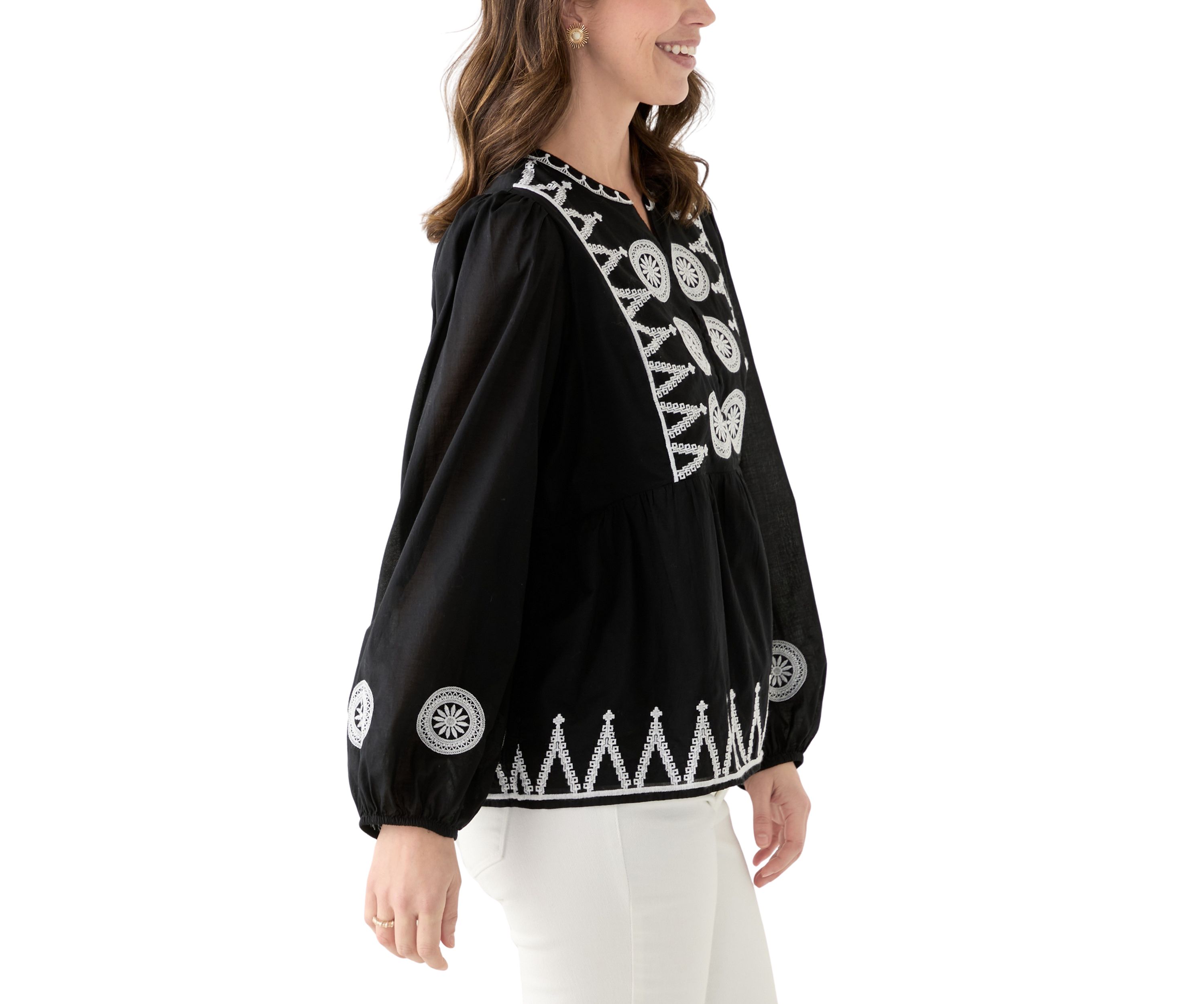 Womens Long Sleeve Embroidered Peasant Blouse