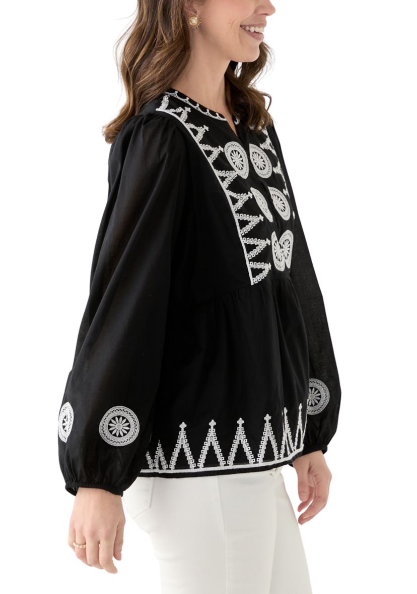 Womens Long Sleeve Embroidered Peasant Blouse