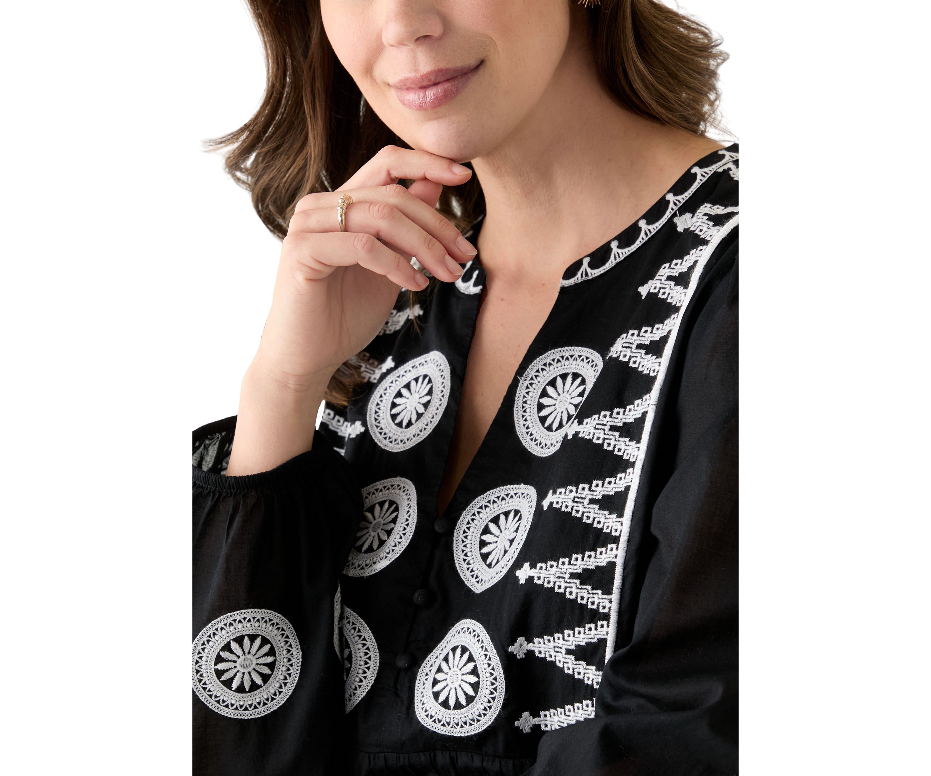 Womens Long Sleeve Embroidered Peasant Blouse
