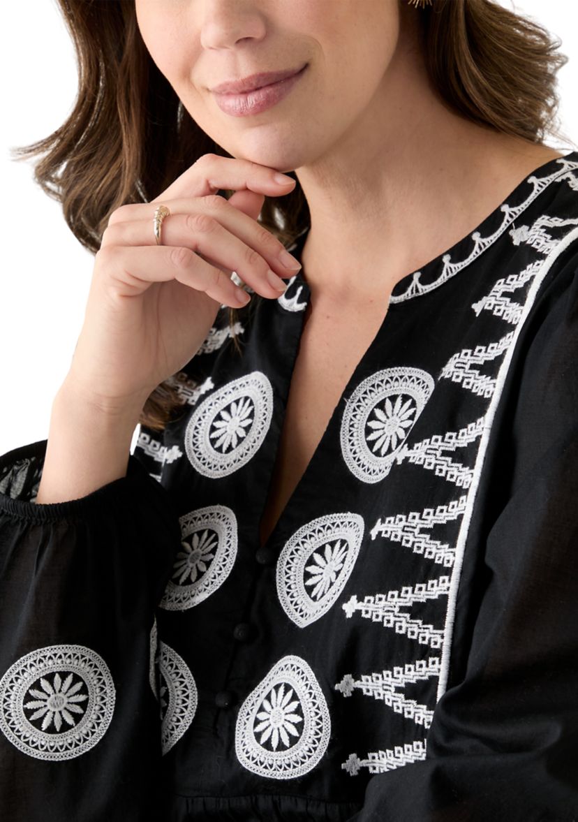 Womens Long Sleeve Embroidered Peasant Blouse
