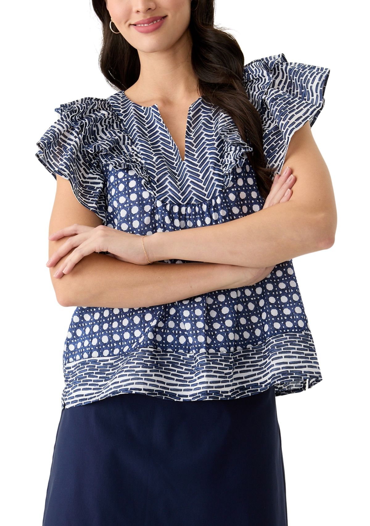 Womens Short Ruffle Sleeve Printed Top 