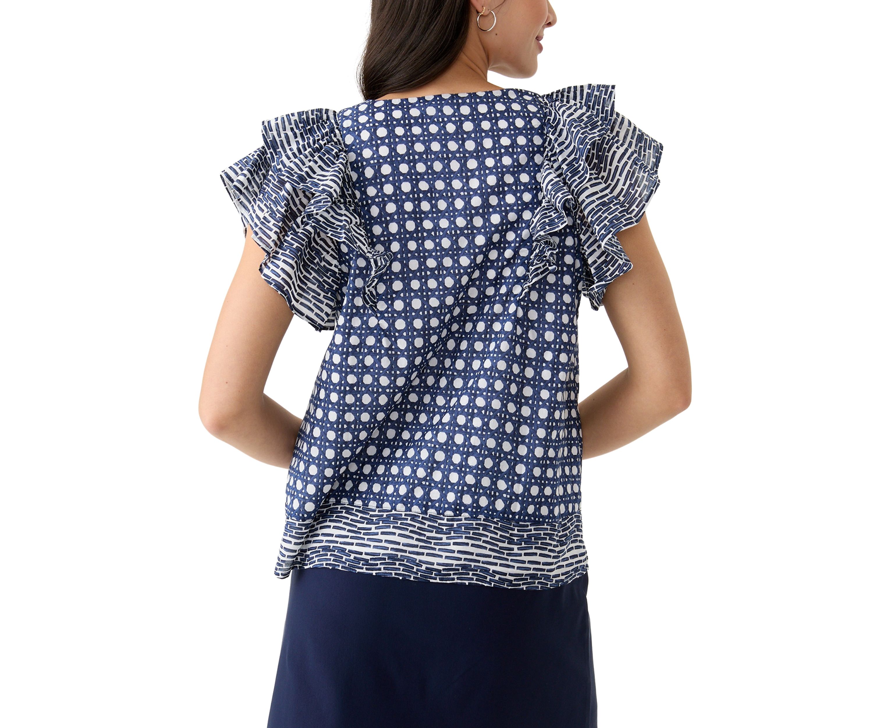Womens Short Ruffle Sleeve Printed Top 