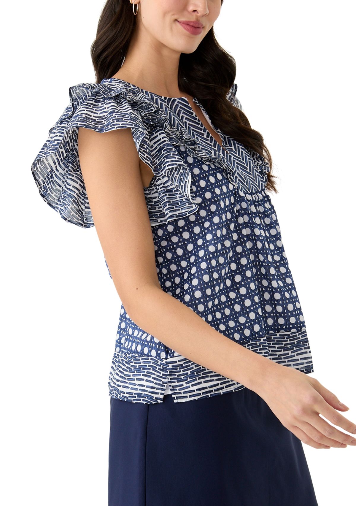 Womens Short Ruffle Sleeve Printed Top 