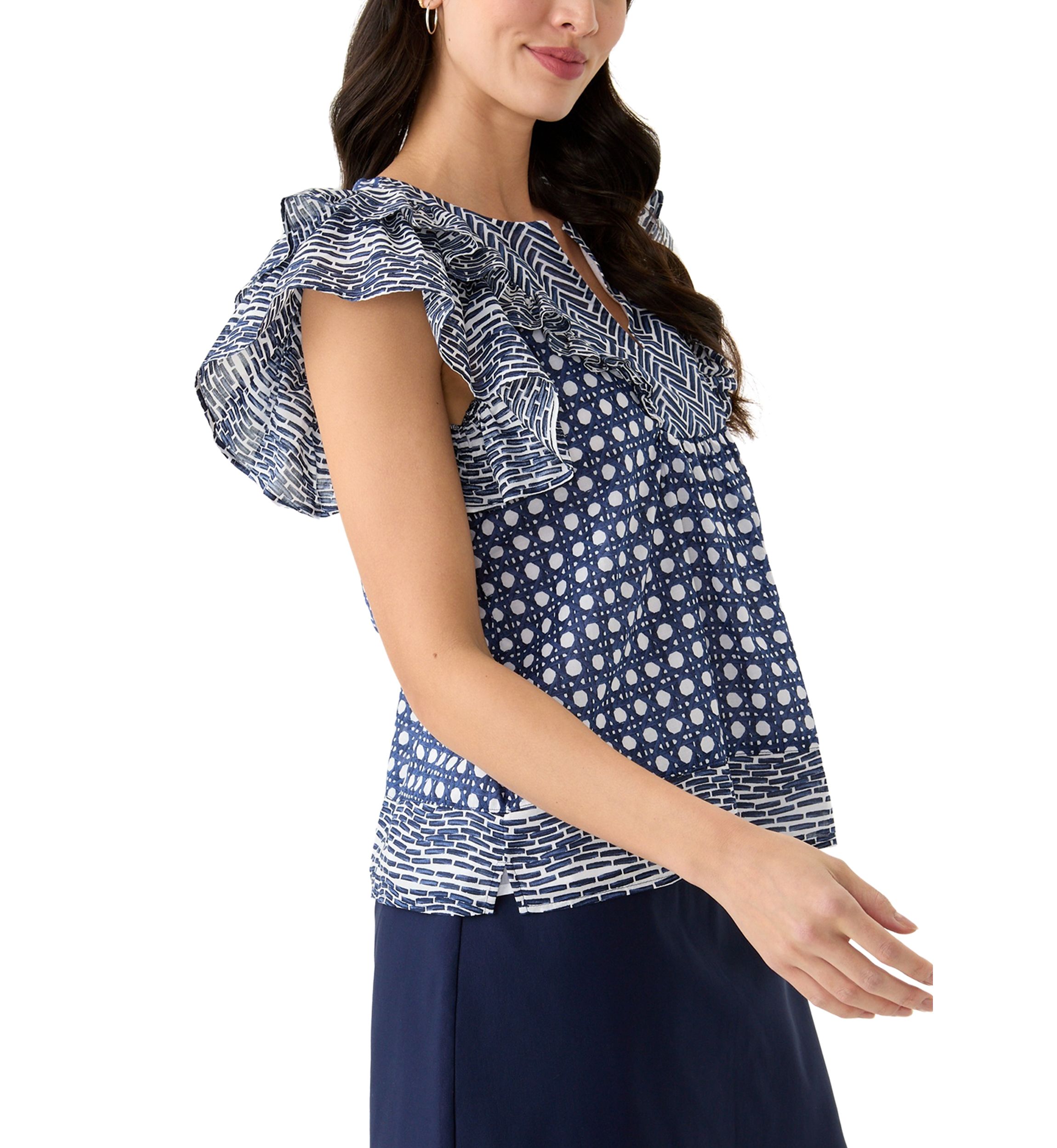 Womens Short Ruffle Sleeve Printed Top 