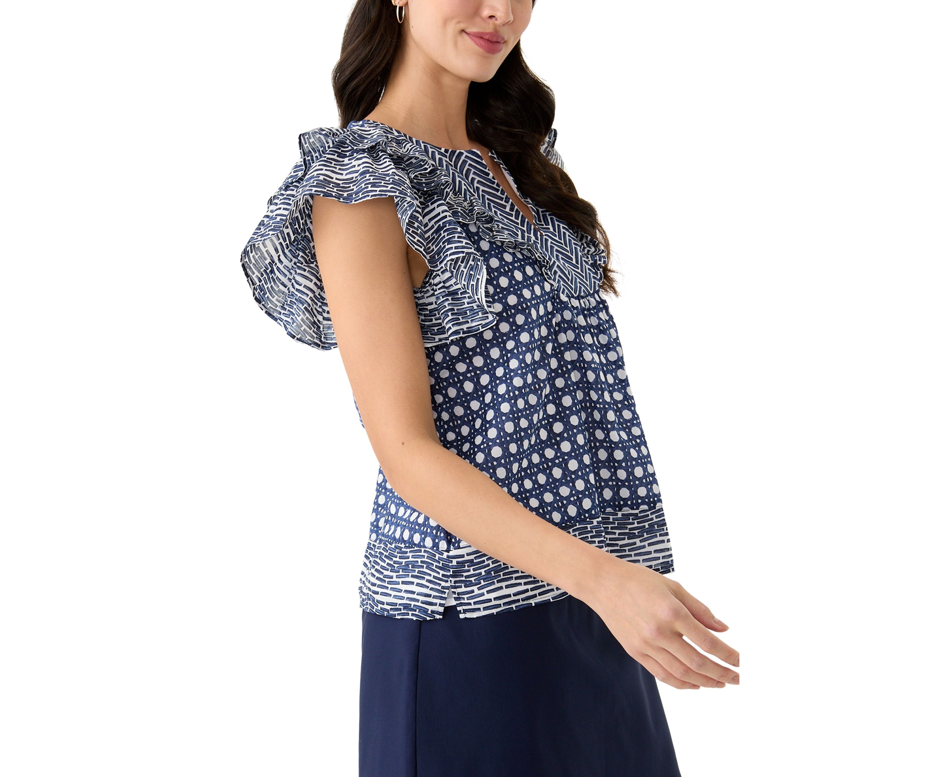 Womens Short Ruffle Sleeve Printed Top 