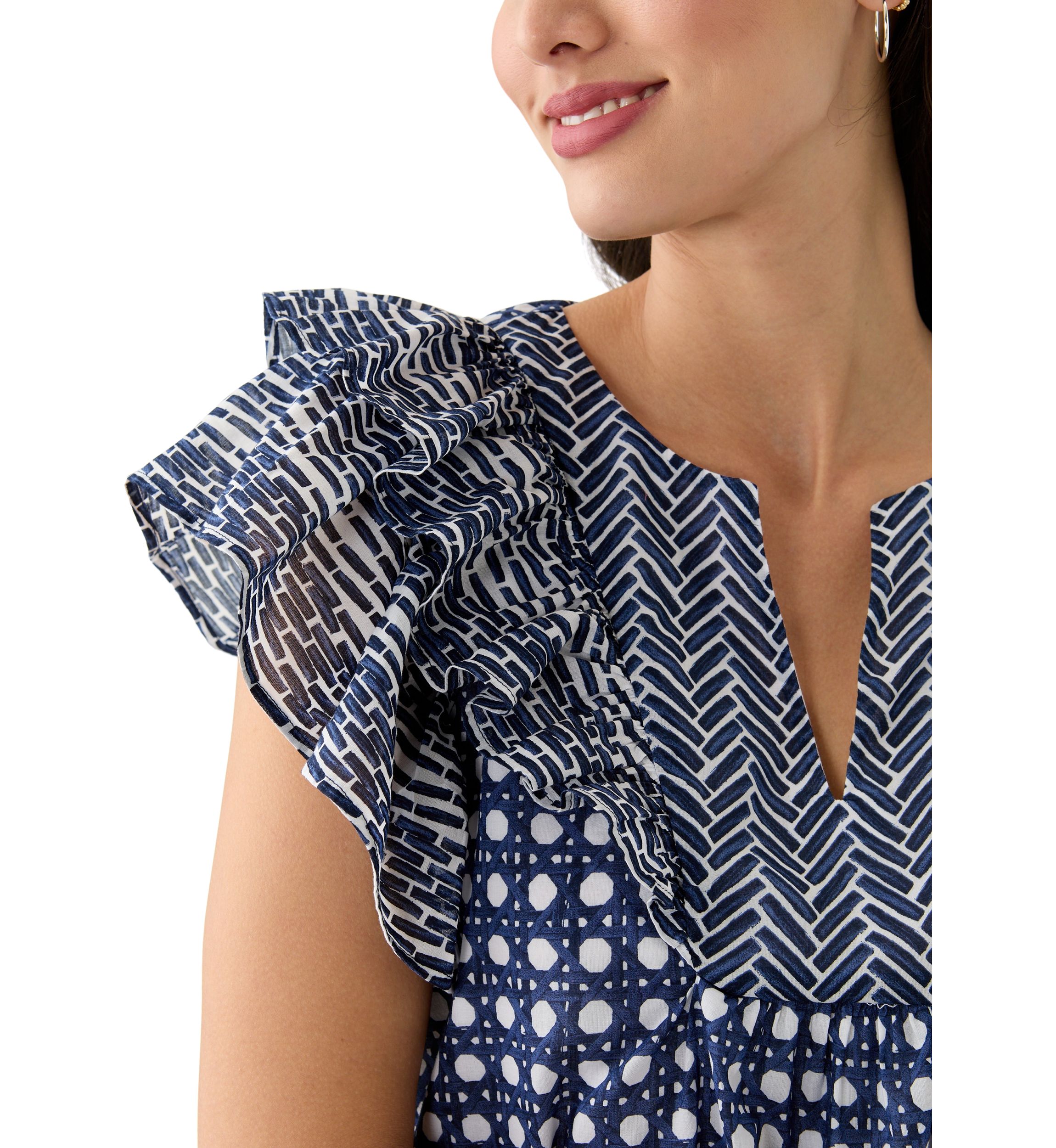 Womens Short Ruffle Sleeve Printed Top 
