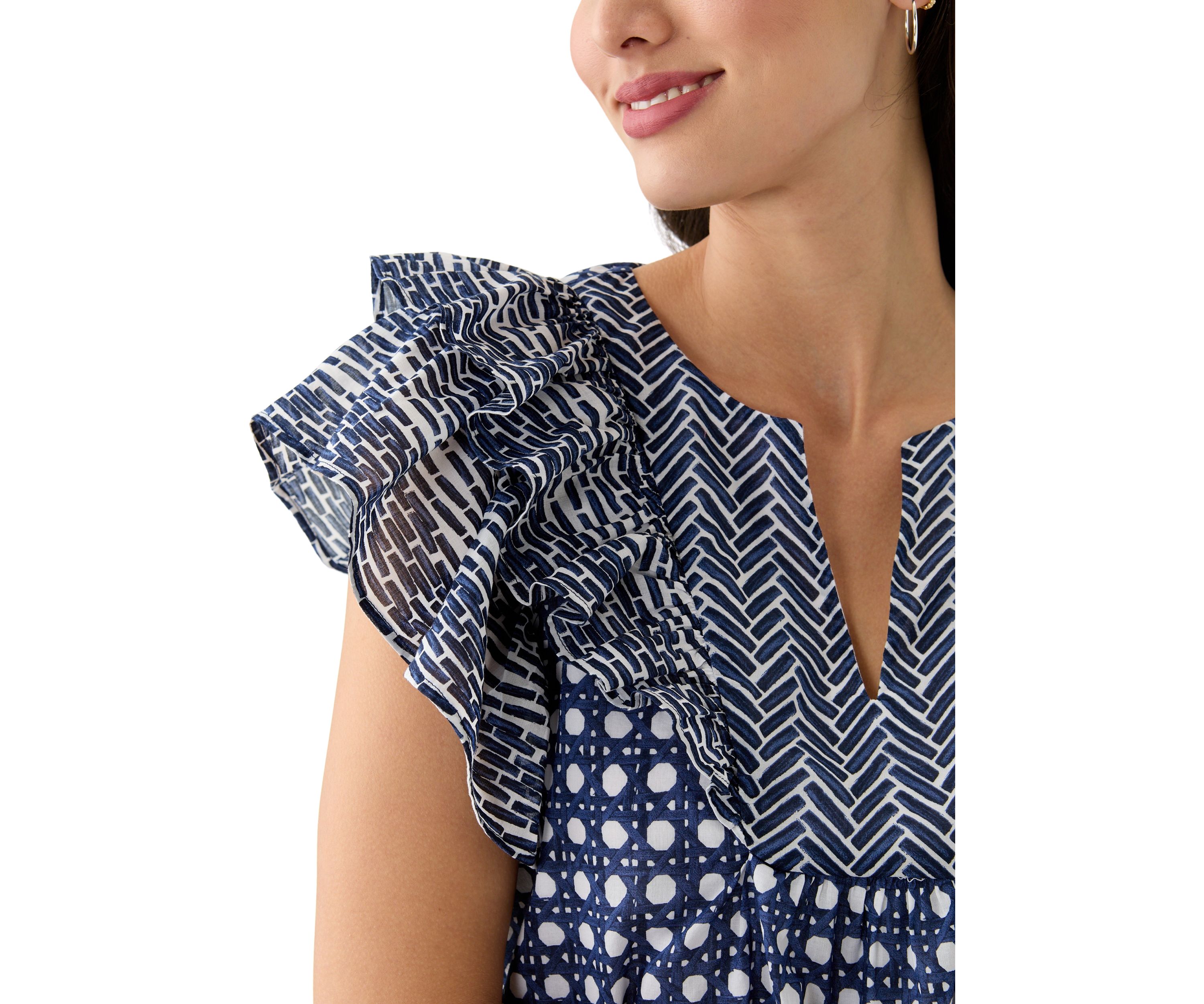 Womens Short Ruffle Sleeve Printed Top 