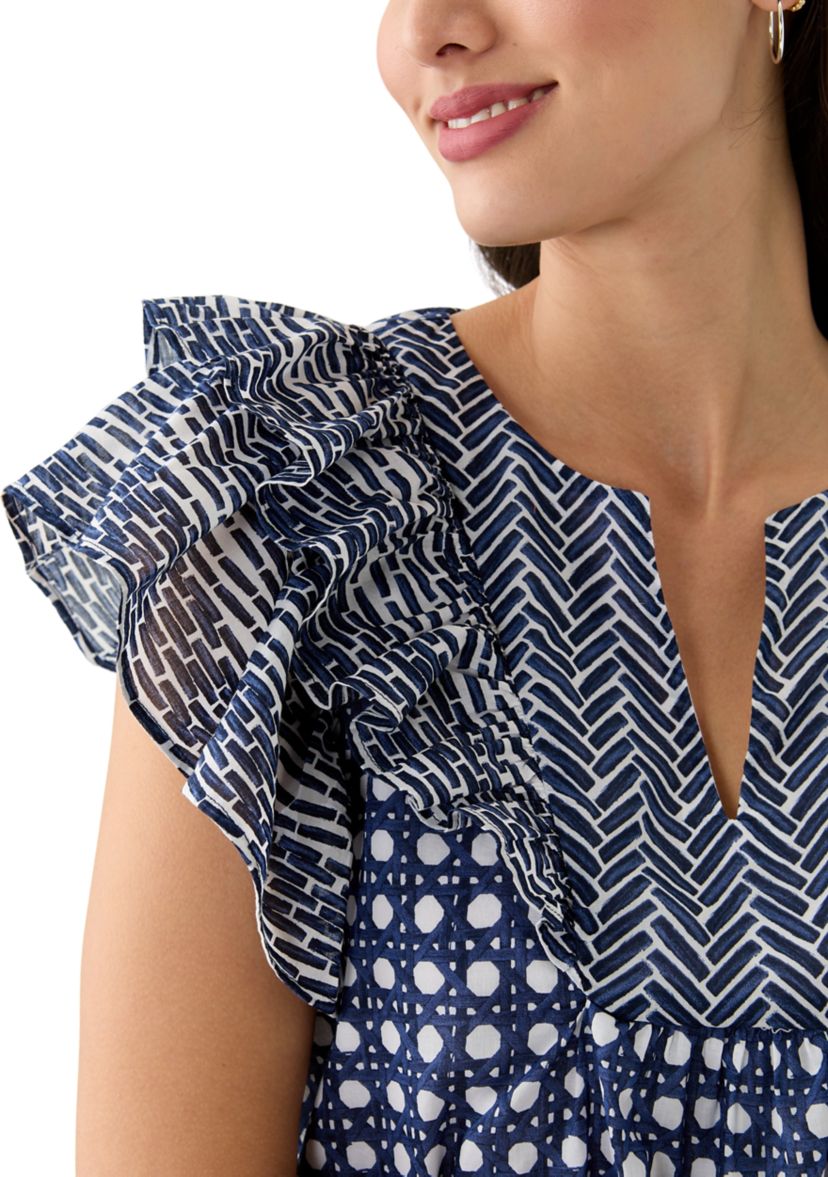 Womens Short Ruffle Sleeve Printed Top 