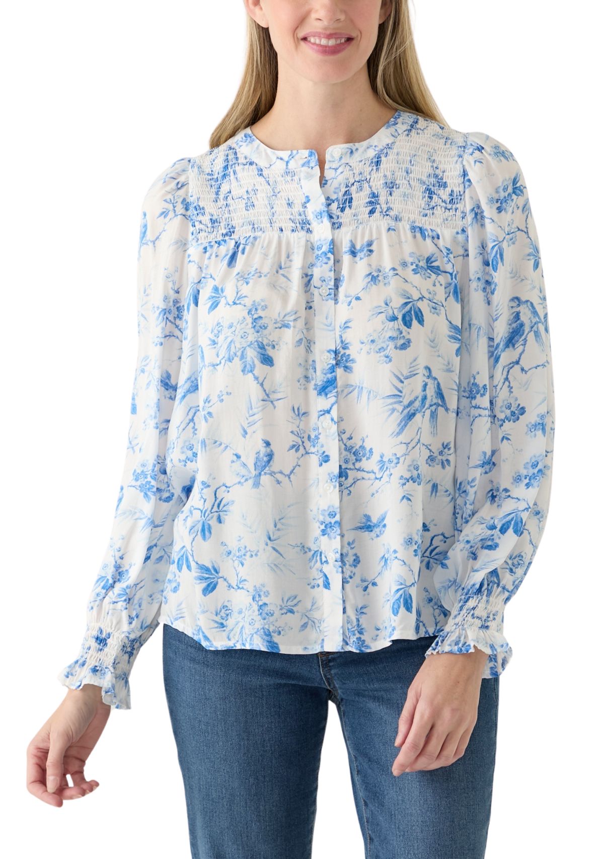 Womens Blouson Sleeve Printed Smocked Top 