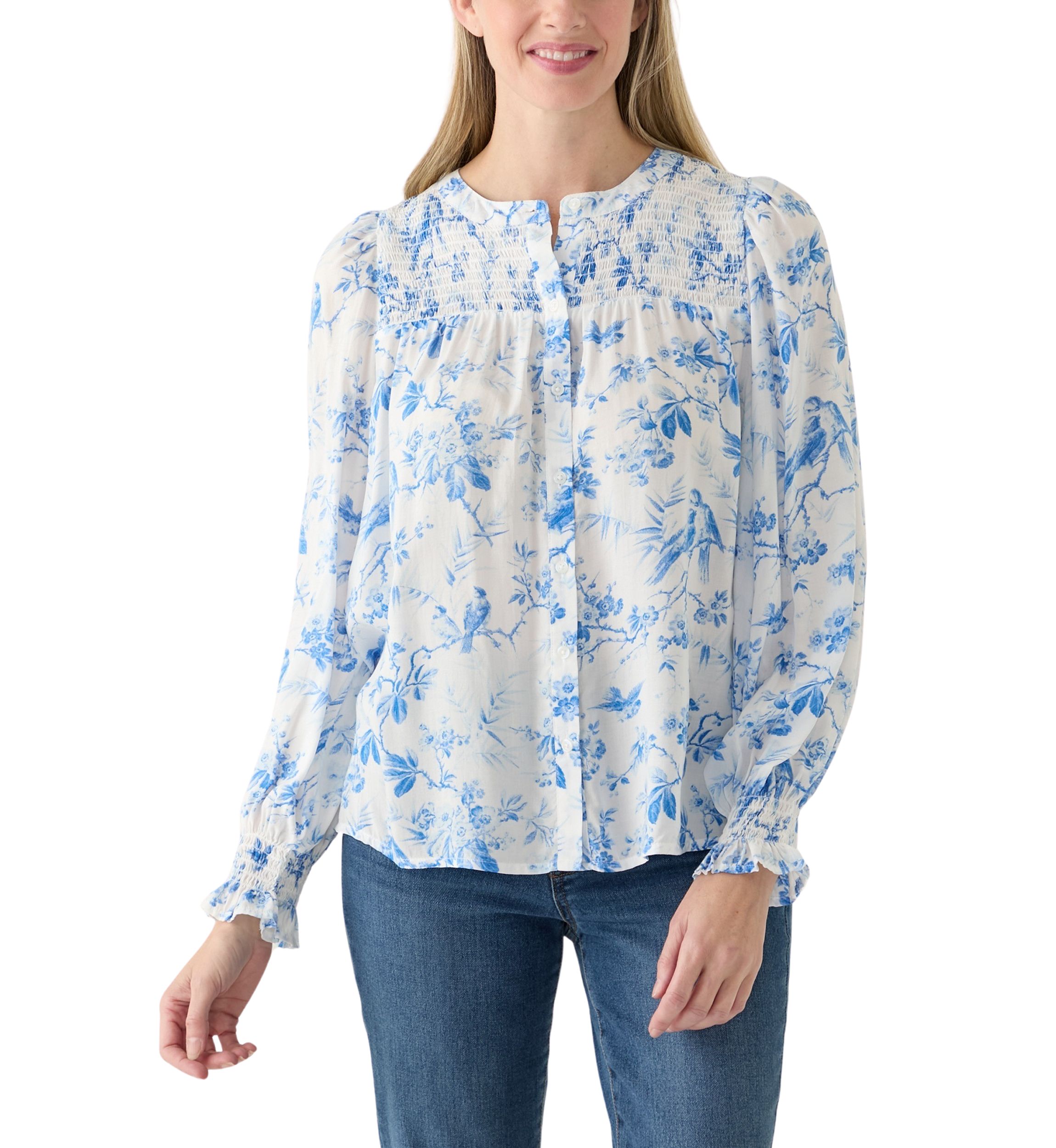 Womens Blouson Sleeve Printed Smocked Top 