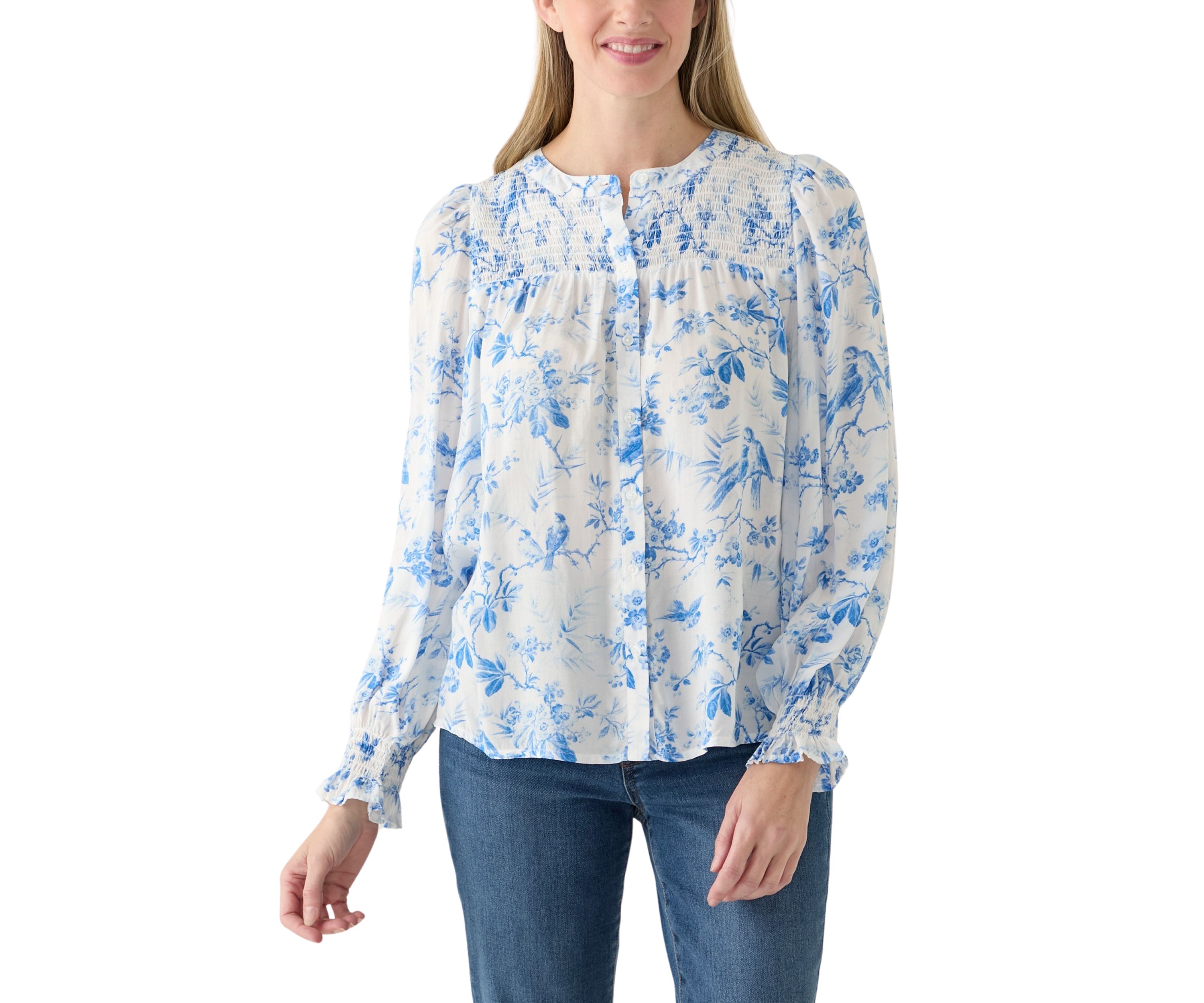 Womens Blouson Sleeve Printed Smocked Top 
