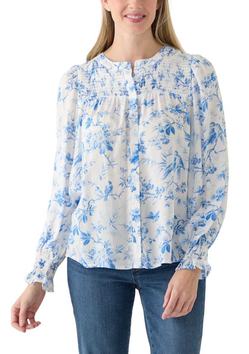 Womens Blouson Sleeve Printed Smocked Top 