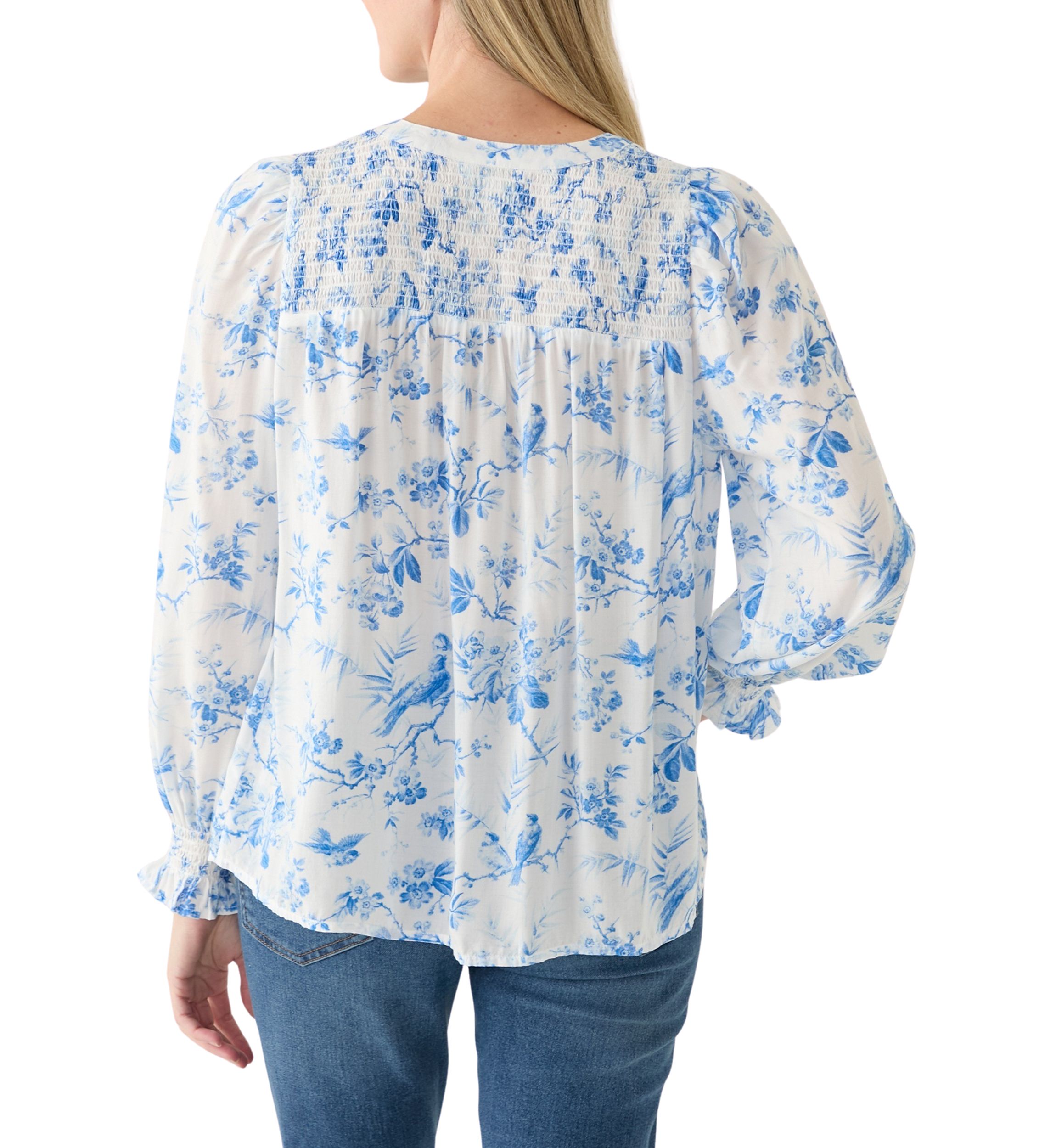 Womens Blouson Sleeve Printed Smocked Top 