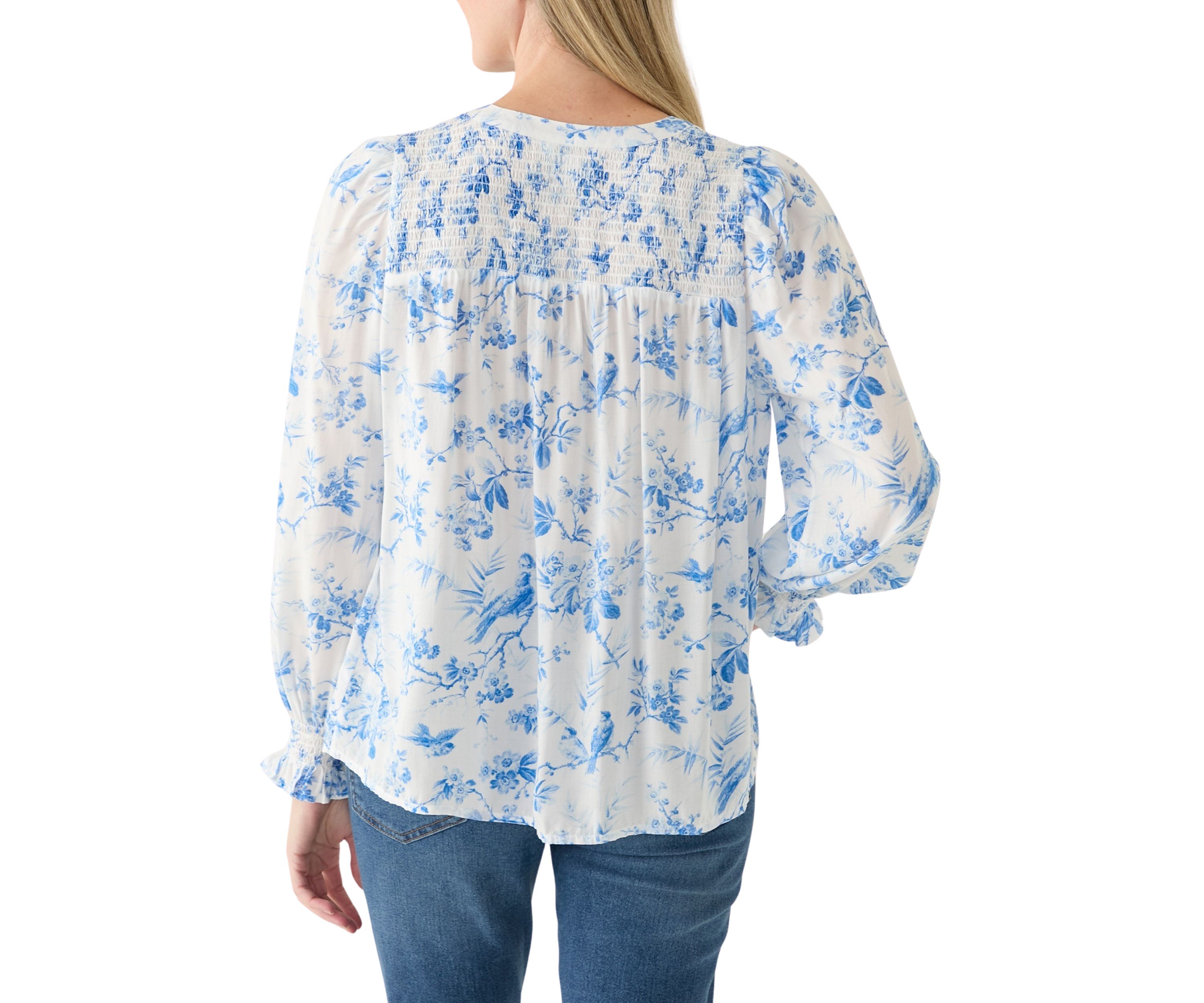 Womens Blouson Sleeve Printed Smocked Top 
