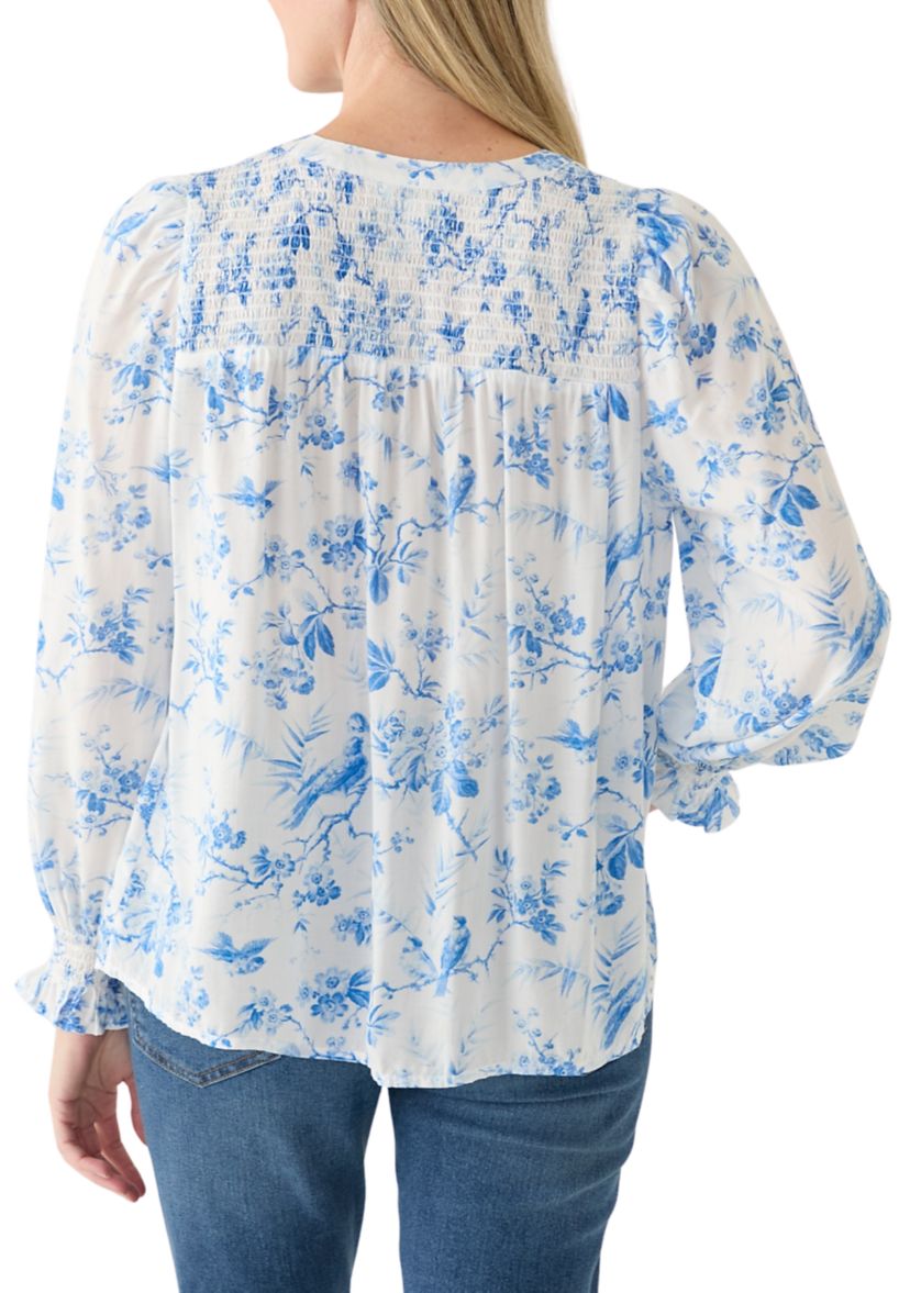 Womens Blouson Sleeve Printed Smocked Top 