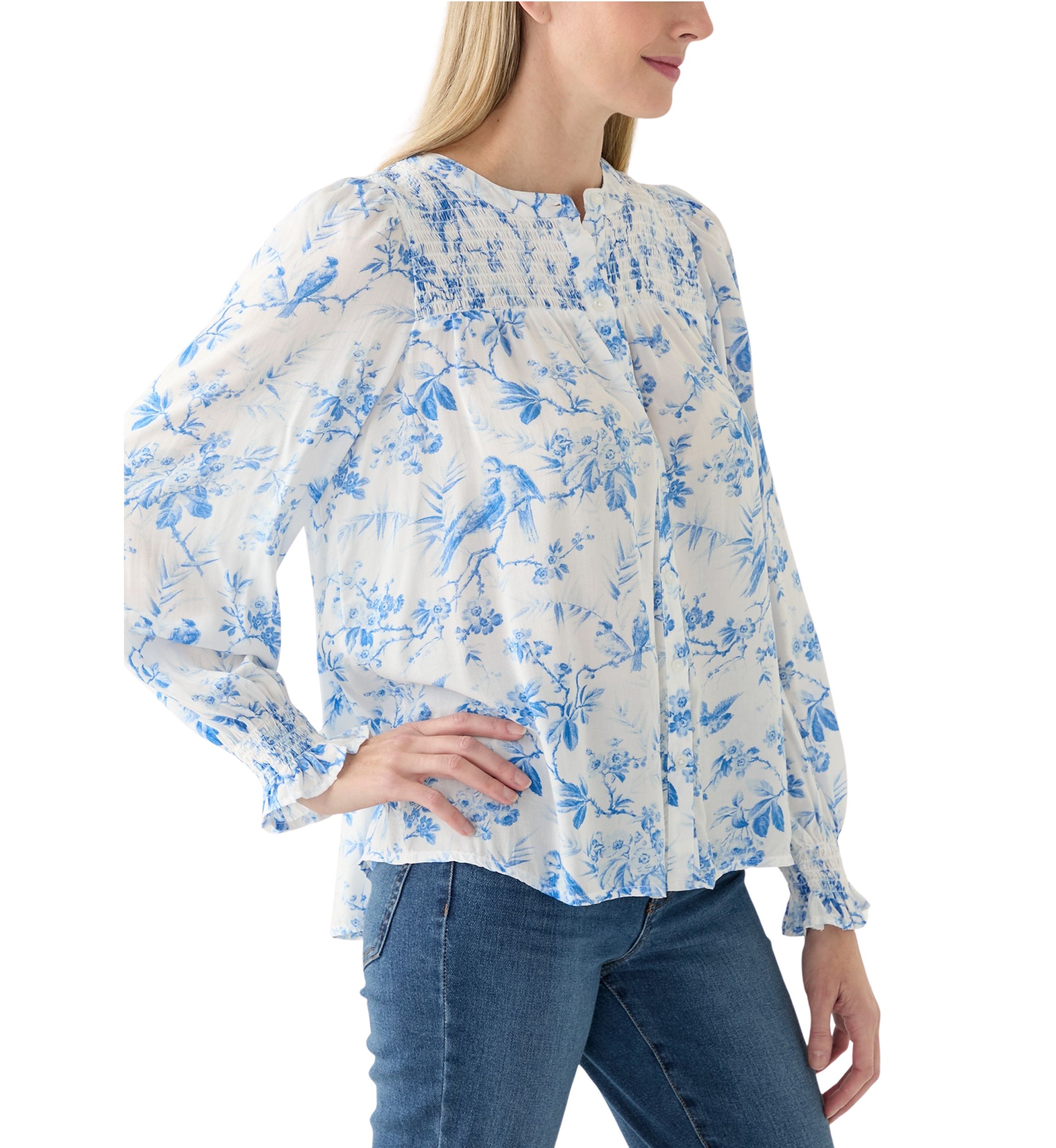 Womens Blouson Sleeve Printed Smocked Top 