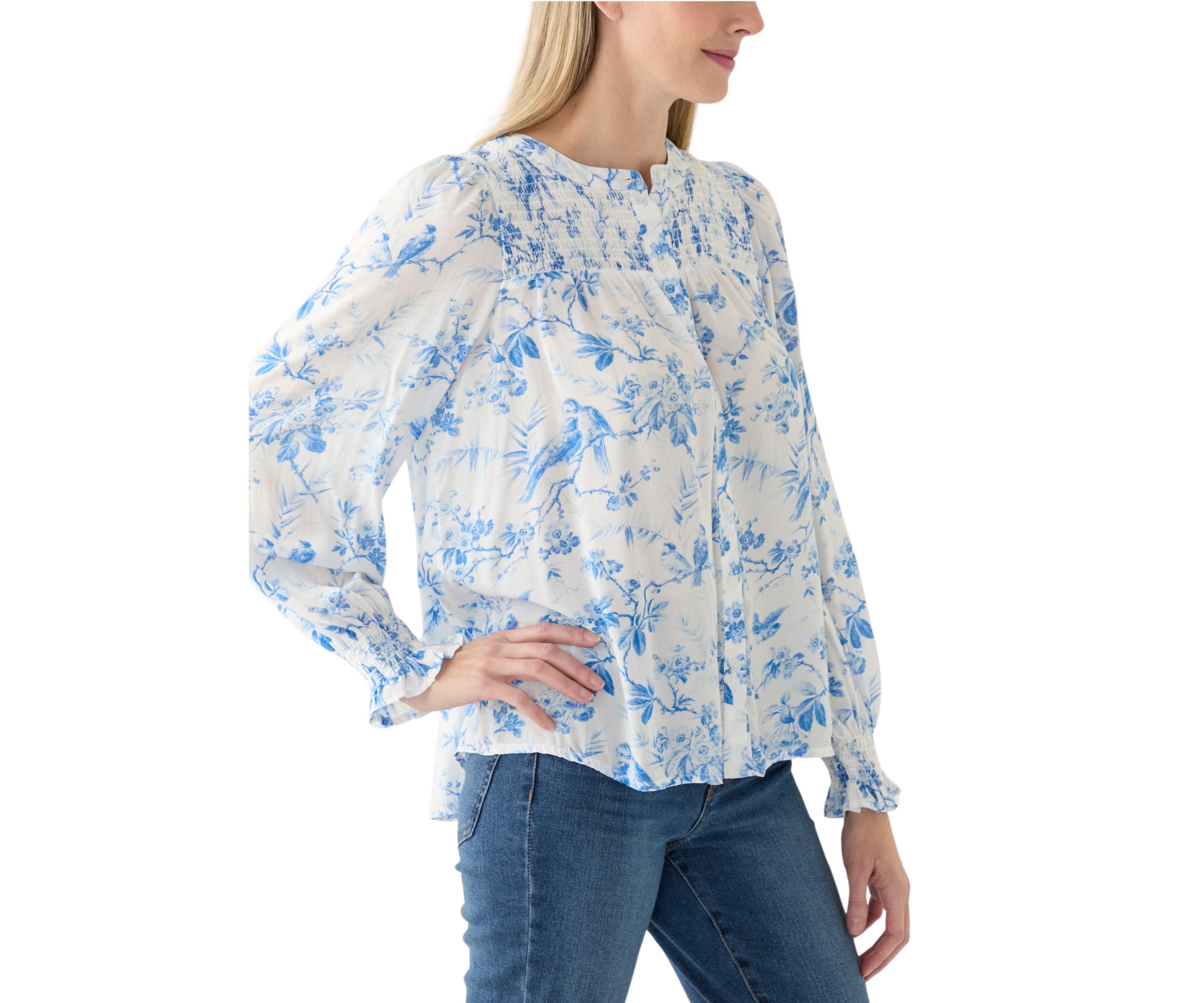 Womens Blouson Sleeve Printed Smocked Top 