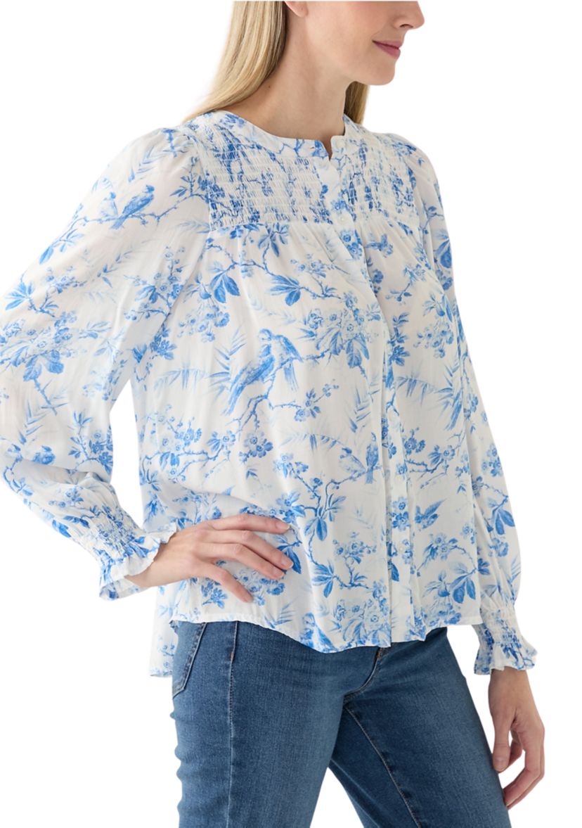 Womens Blouson Sleeve Printed Smocked Top 