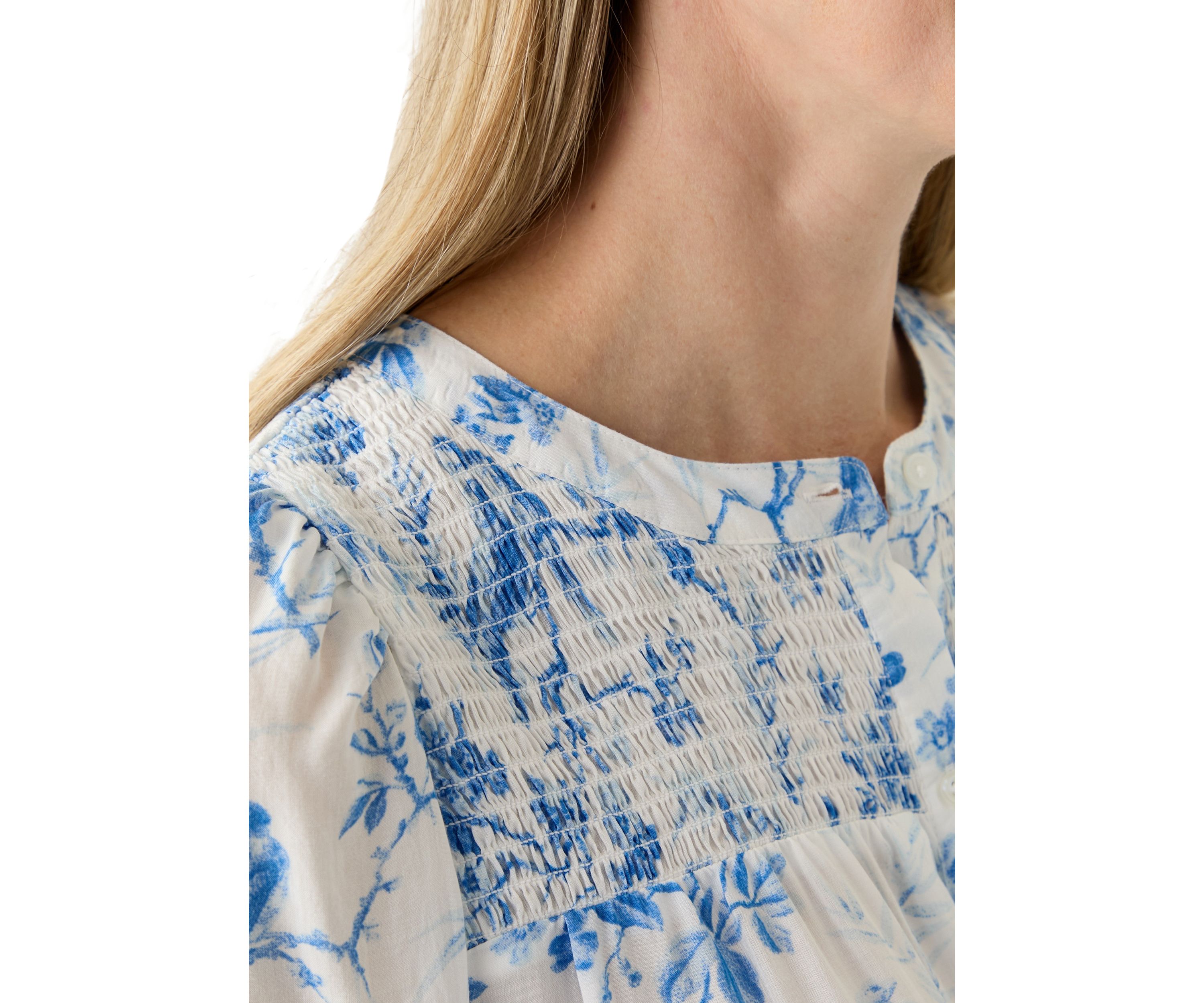Womens Blouson Sleeve Printed Smocked Top 