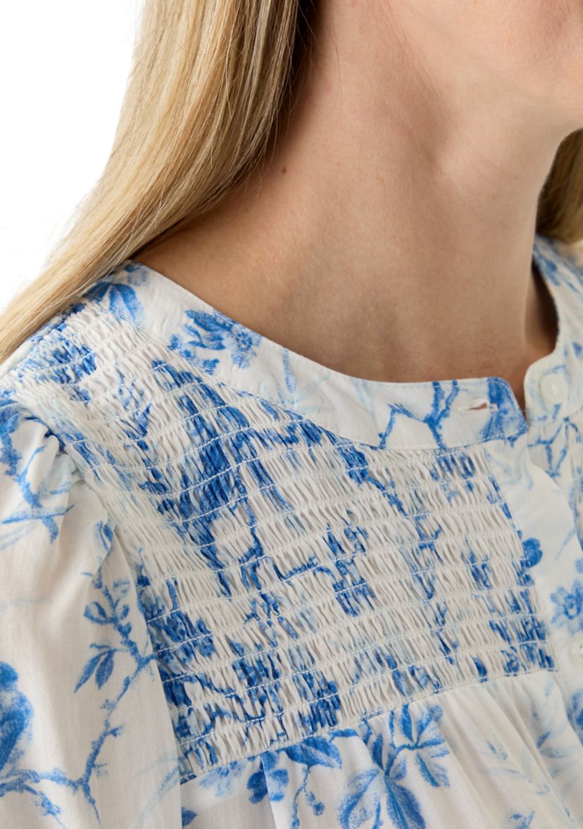 Womens Blouson Sleeve Printed Smocked Top 